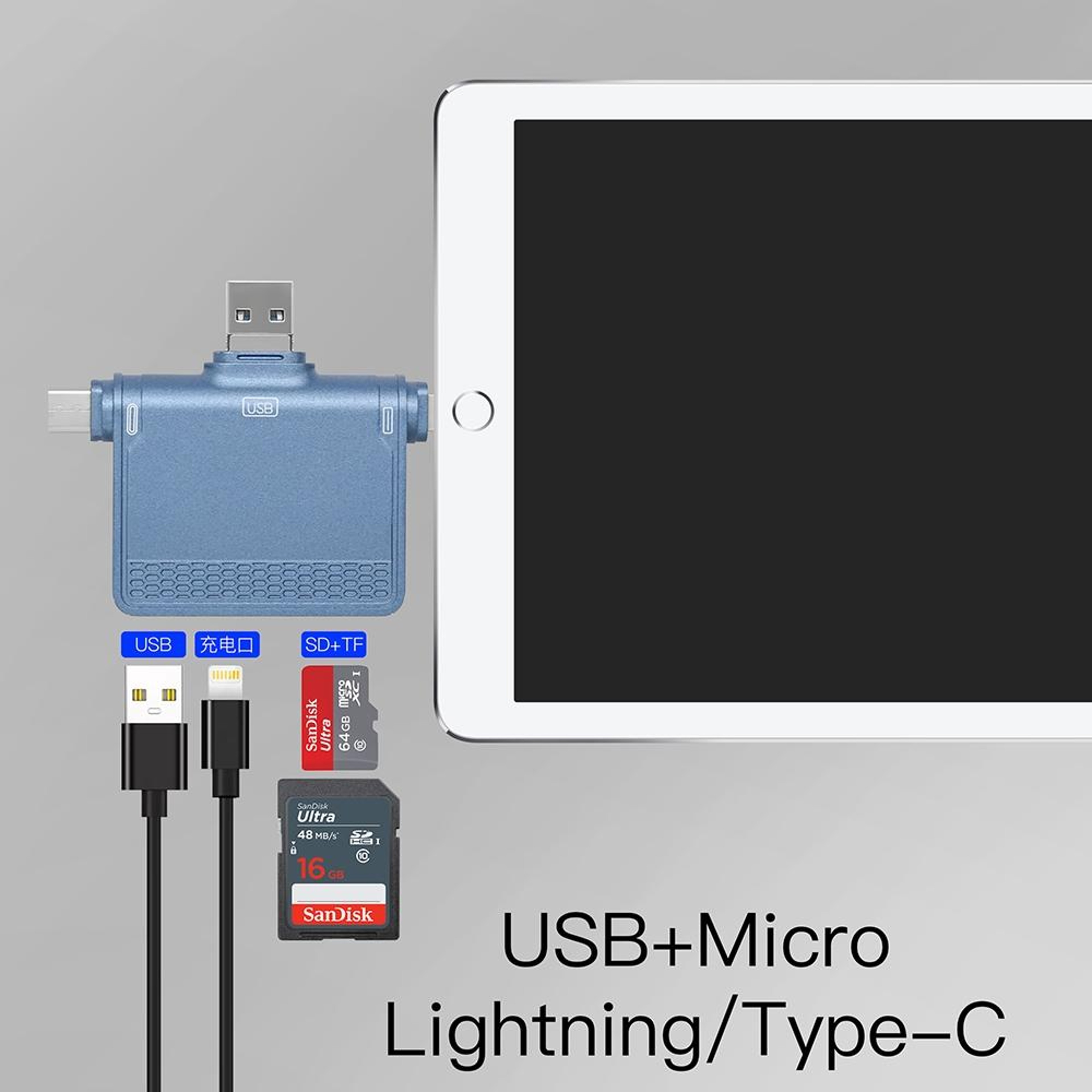 NK-939C USB C Card Reader 3 in 1 Multiport USB Adapter with SD TF and Lightning Charging – view 4