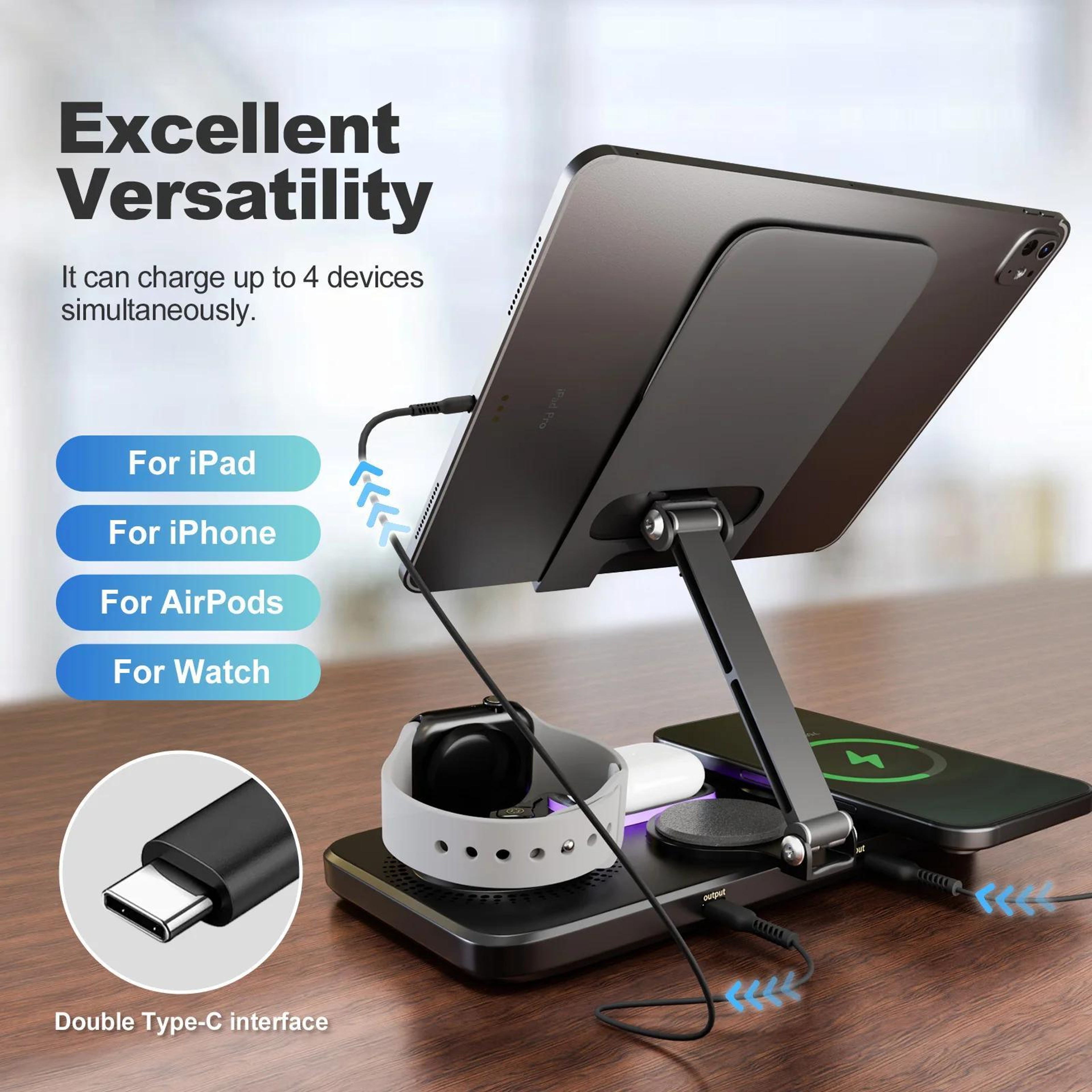 4 in 1 Wireless Charging Station Magnetic Foldable Stand with Clock for iPhone Apple Watch AirPods and Tablet – view 6