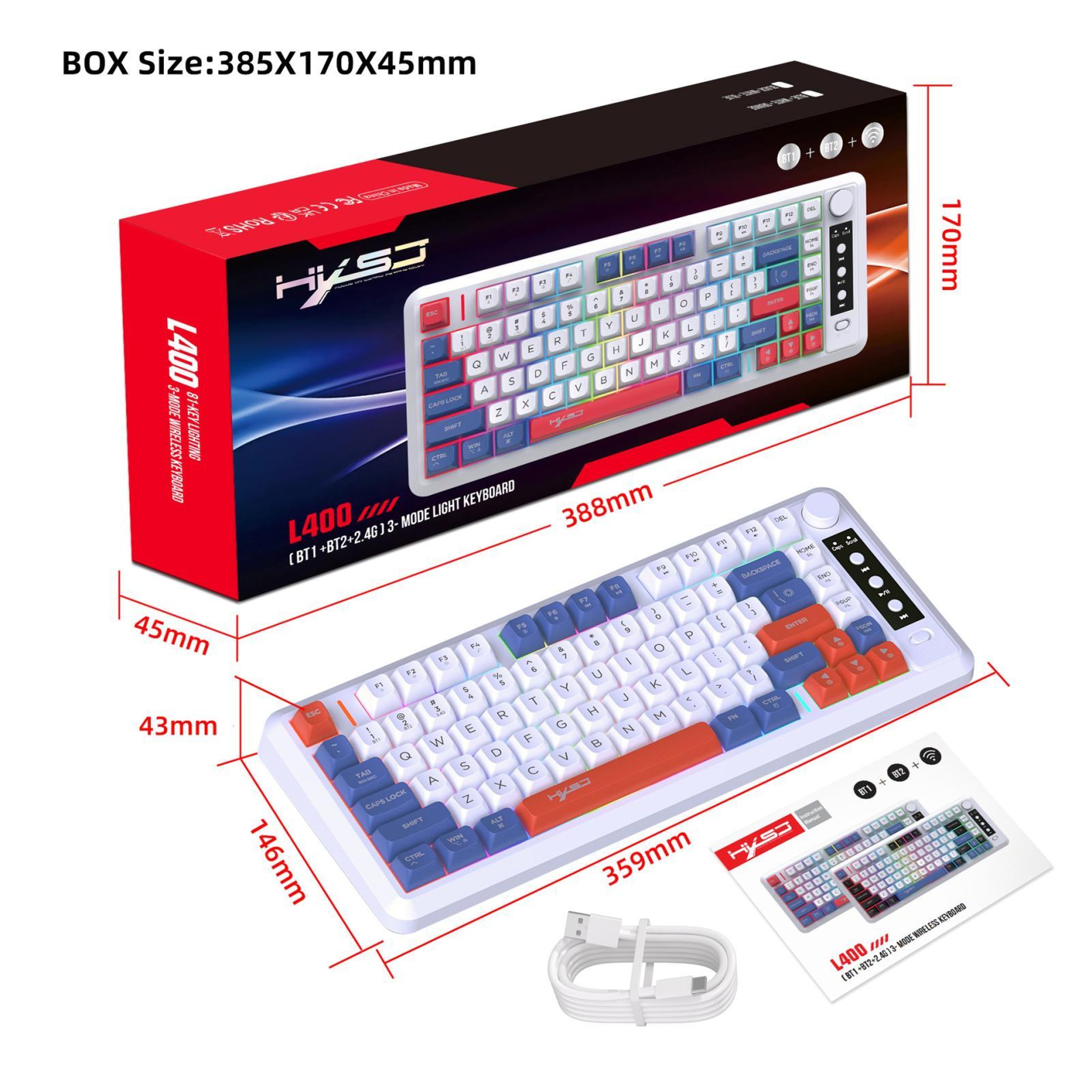 HXSJ L400 Tri Mode Wireless Keyboard with RGB Backlit 81 Keys for PC Laptop Tablet – view 2