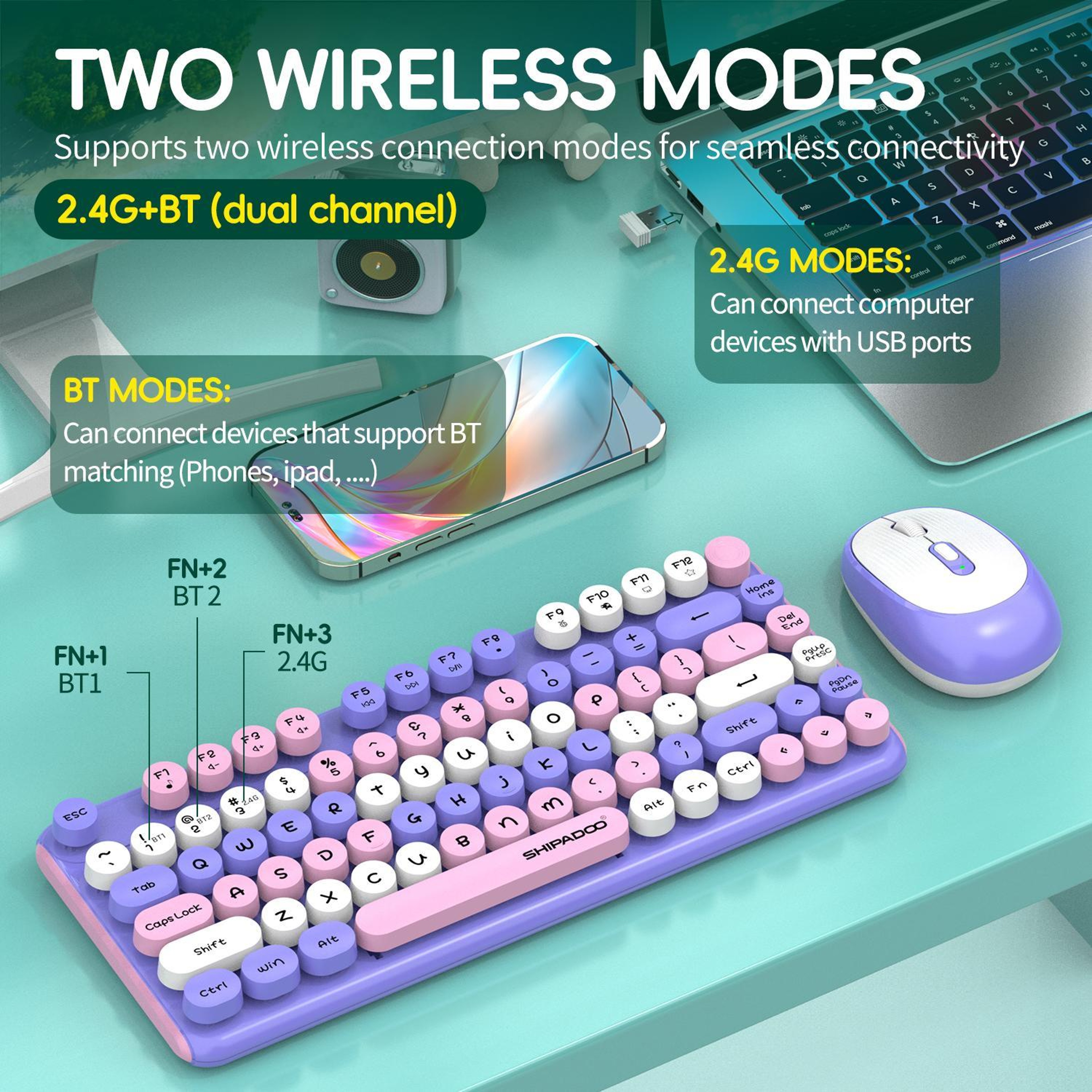SHIPADOO Wireless Keyboard Mouse Combo Dual Mode Bluetooth 2.4G Ergonomic Set – view 5