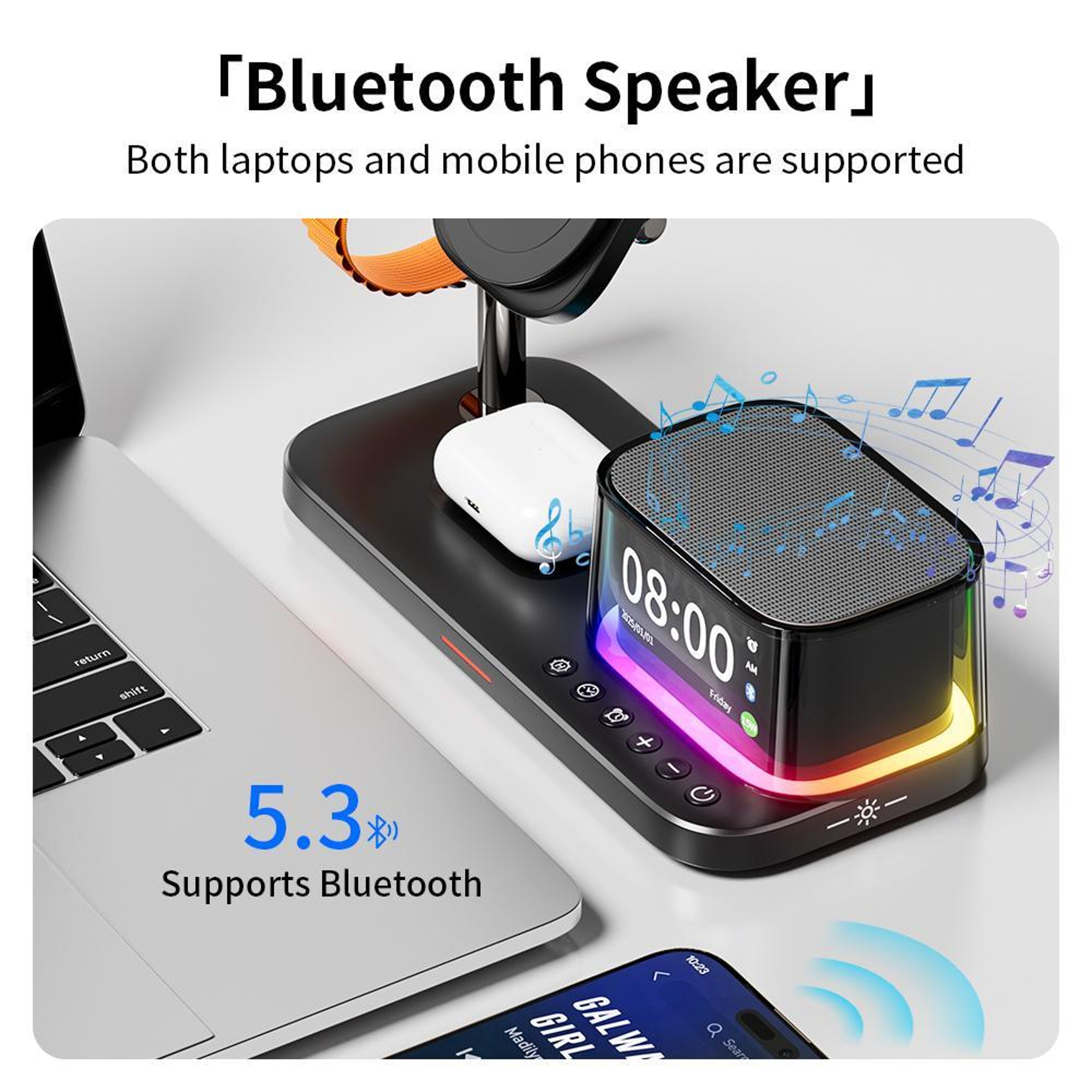 C09 Plus 5 in 1 Wireless Charging Station with Magnetic Wireless Charger Bluetooth Speaker Clock and Night Light – view 4