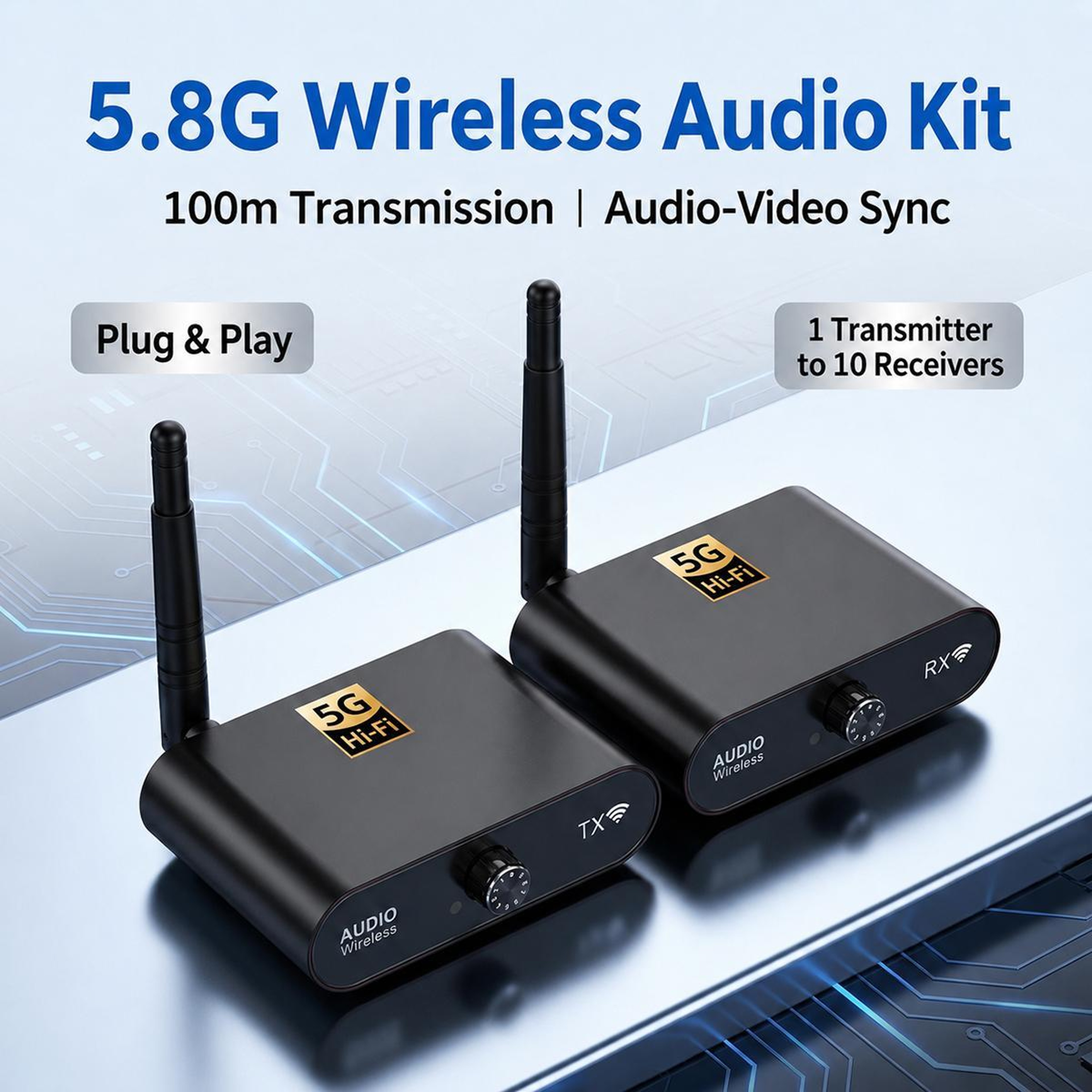 AU5810 Wireless Audio Transmitter and Receiver Kit 5.8GHz 100M Long Range RCA AUX Audio Adapter – view 2