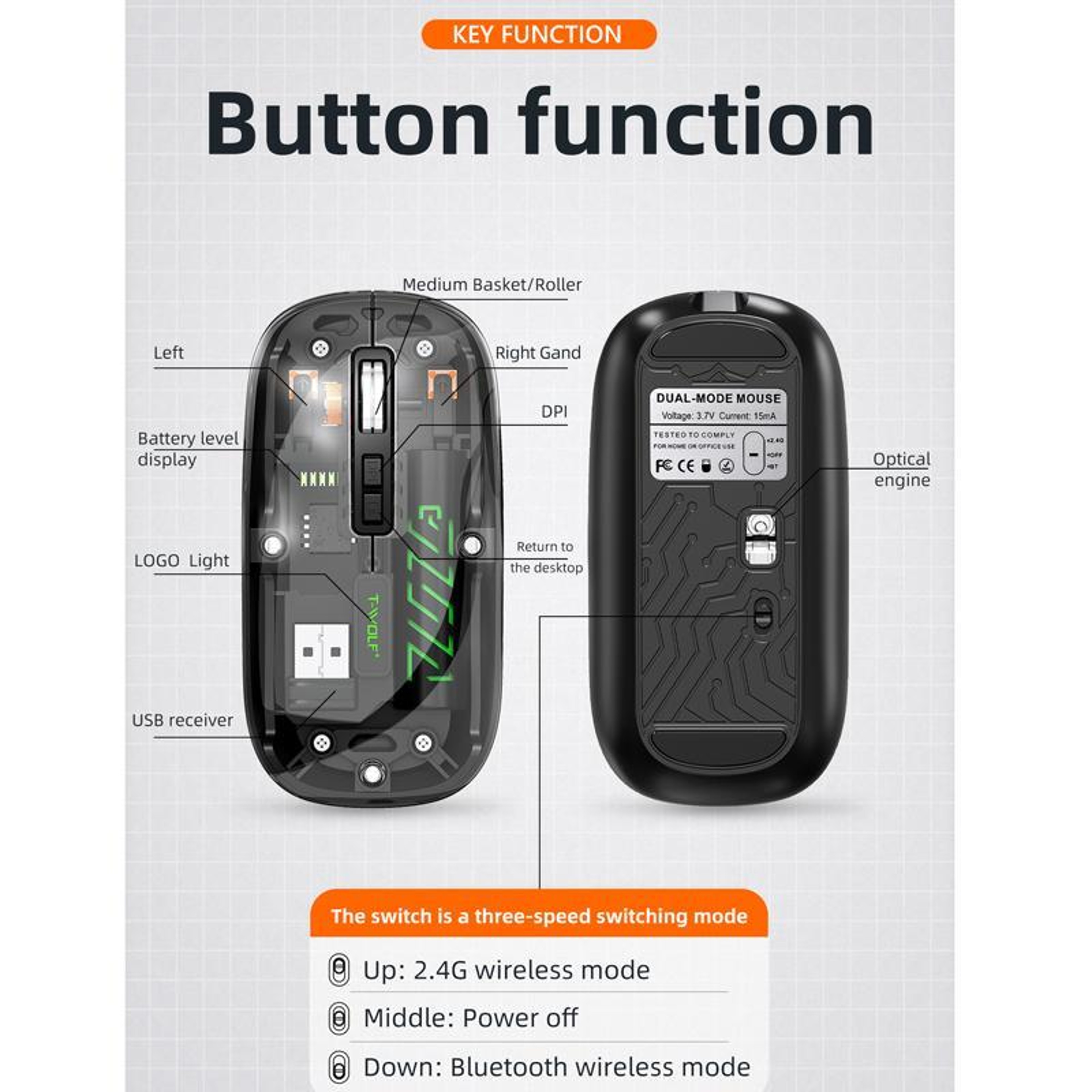 T-WOLF X11 Transparent Wireless Mouse Dual Mode Bluetooth Mouse with USB-C Rechargeable Design – view 8
