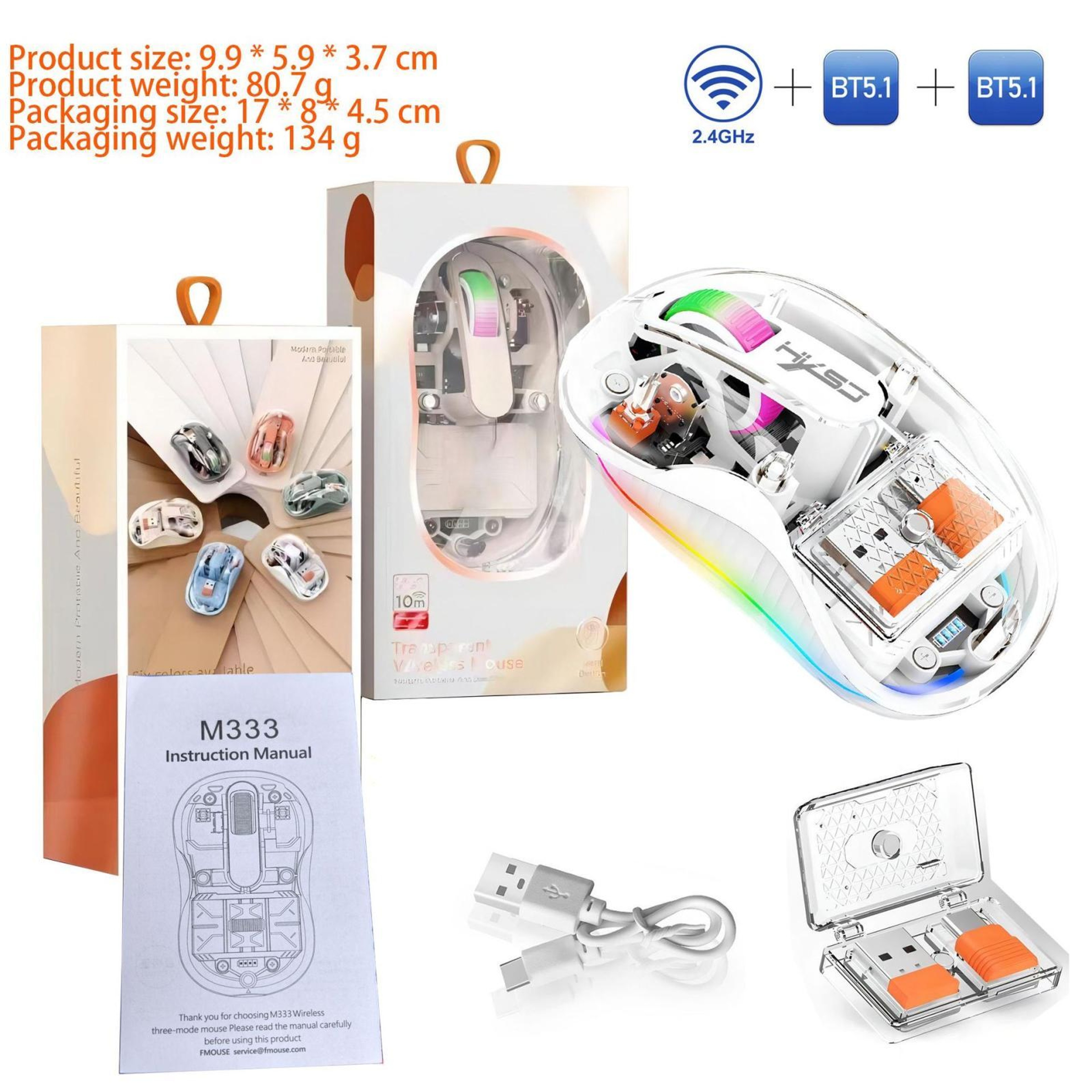 HXSJ M333 Transparent Wireless Mouse TriMode Bluetooth Mouse Rechargeable Silent Wireless Mouse 2