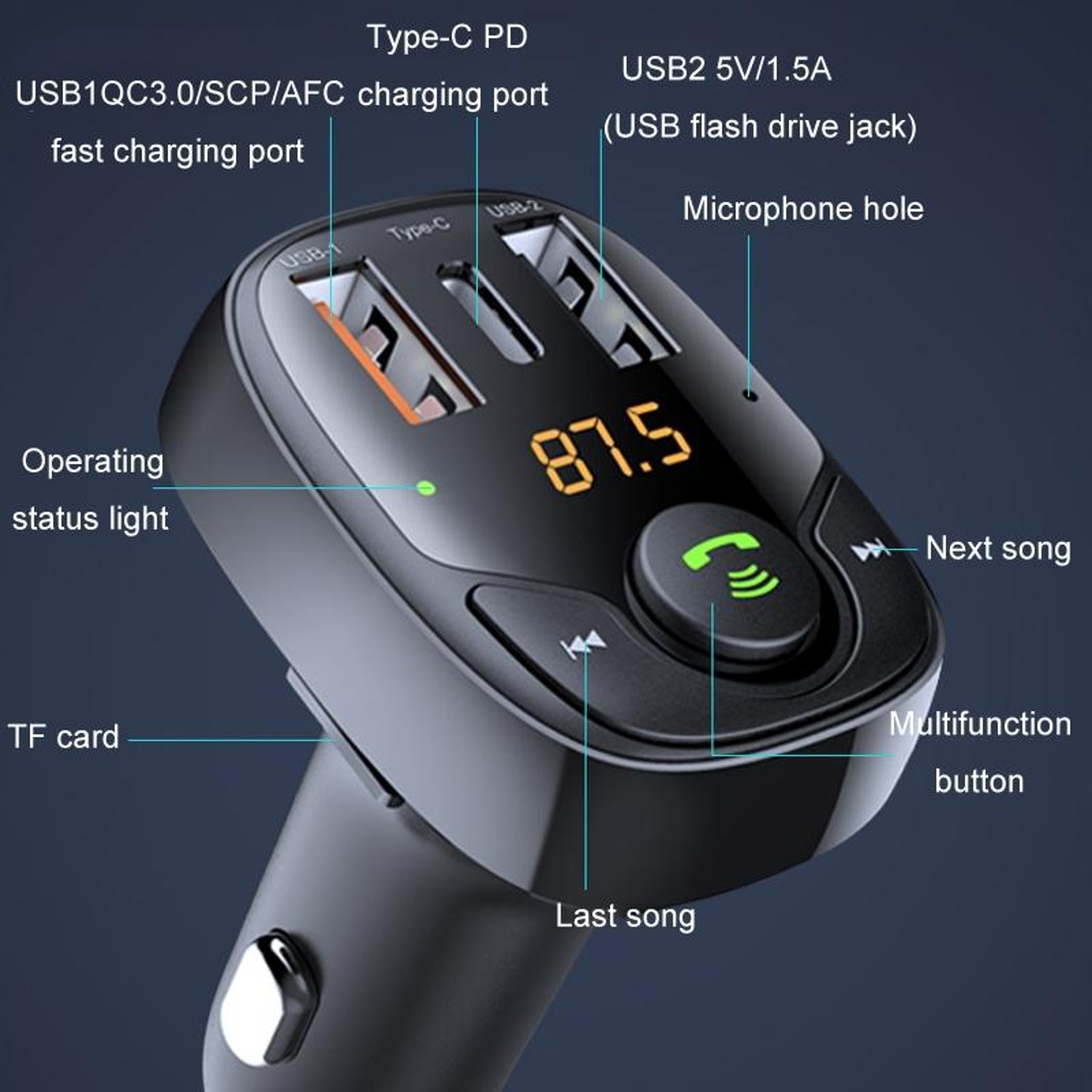 36W Bluetooth FM Transmitter Car Bluetooth Charger with Bluetooth 5.0 MP3 Player S-15PD – view 3