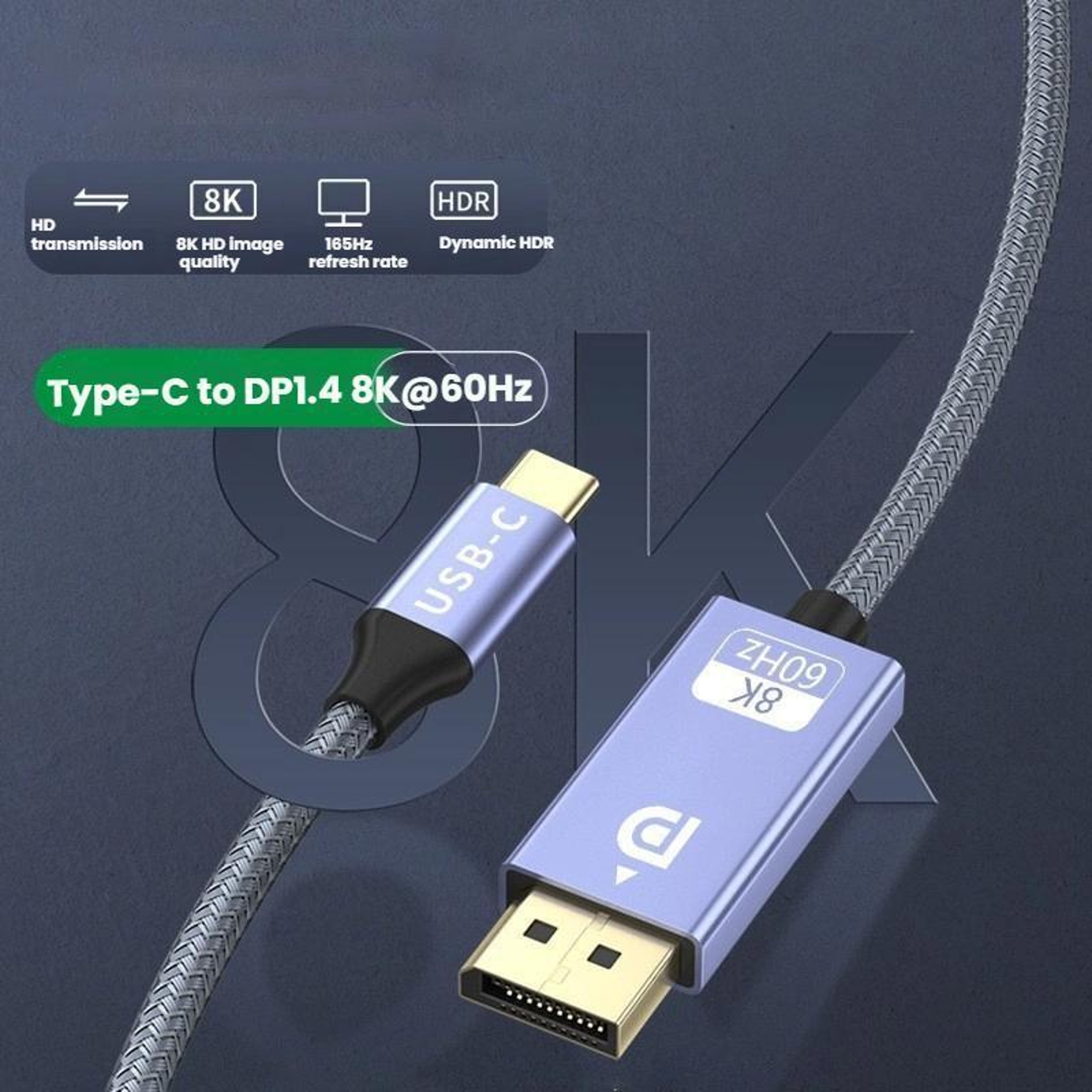 USB C to DisplayPort Cable 8K DP 1.4 Adapter for Gaming Monitor Laptop and Mobile Devices – view 2