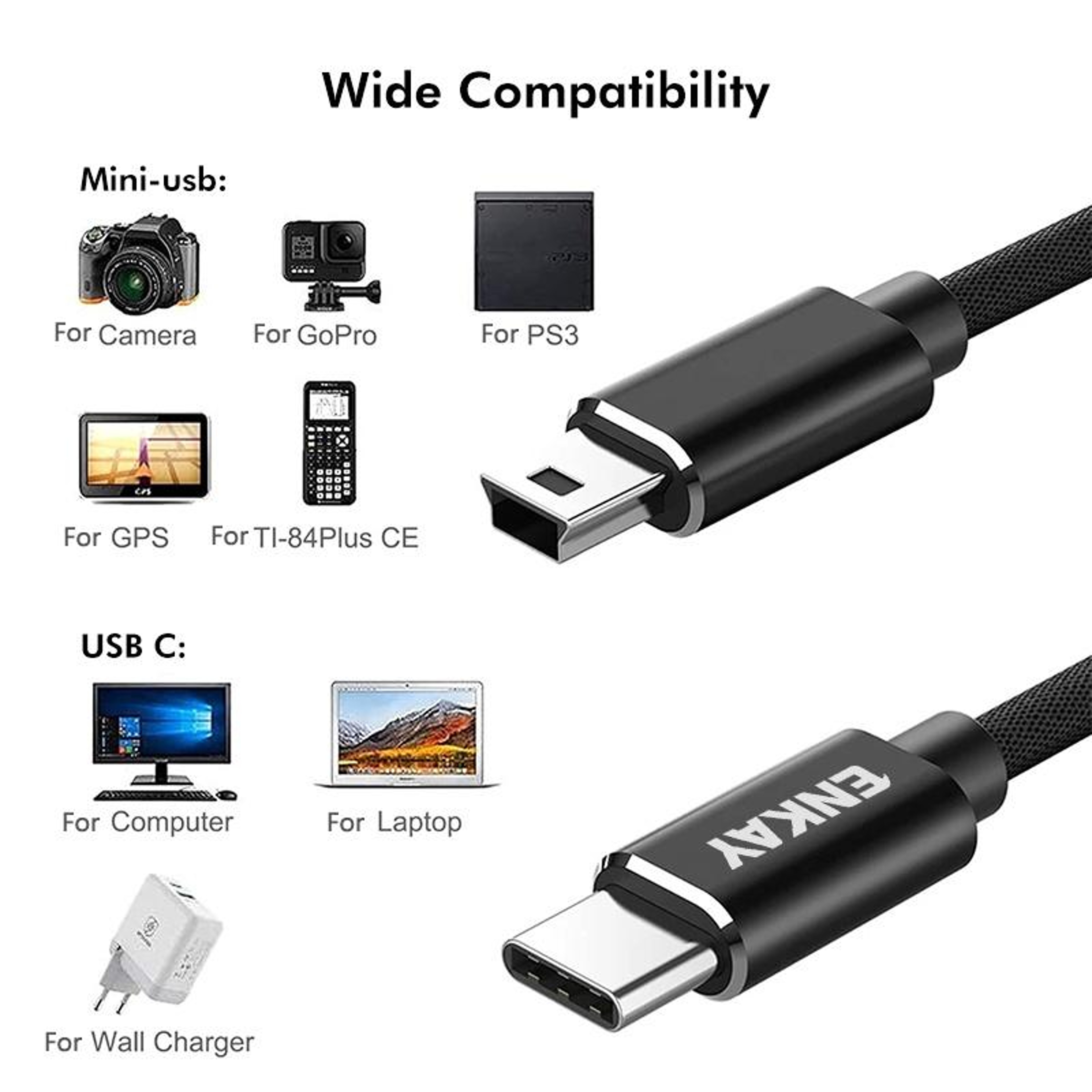 ENKAY USB C to Mini USB Cable 1M Fast Charging Data Sync Cord for Cameras GPS MP3 and Mini USB Devices – view 3