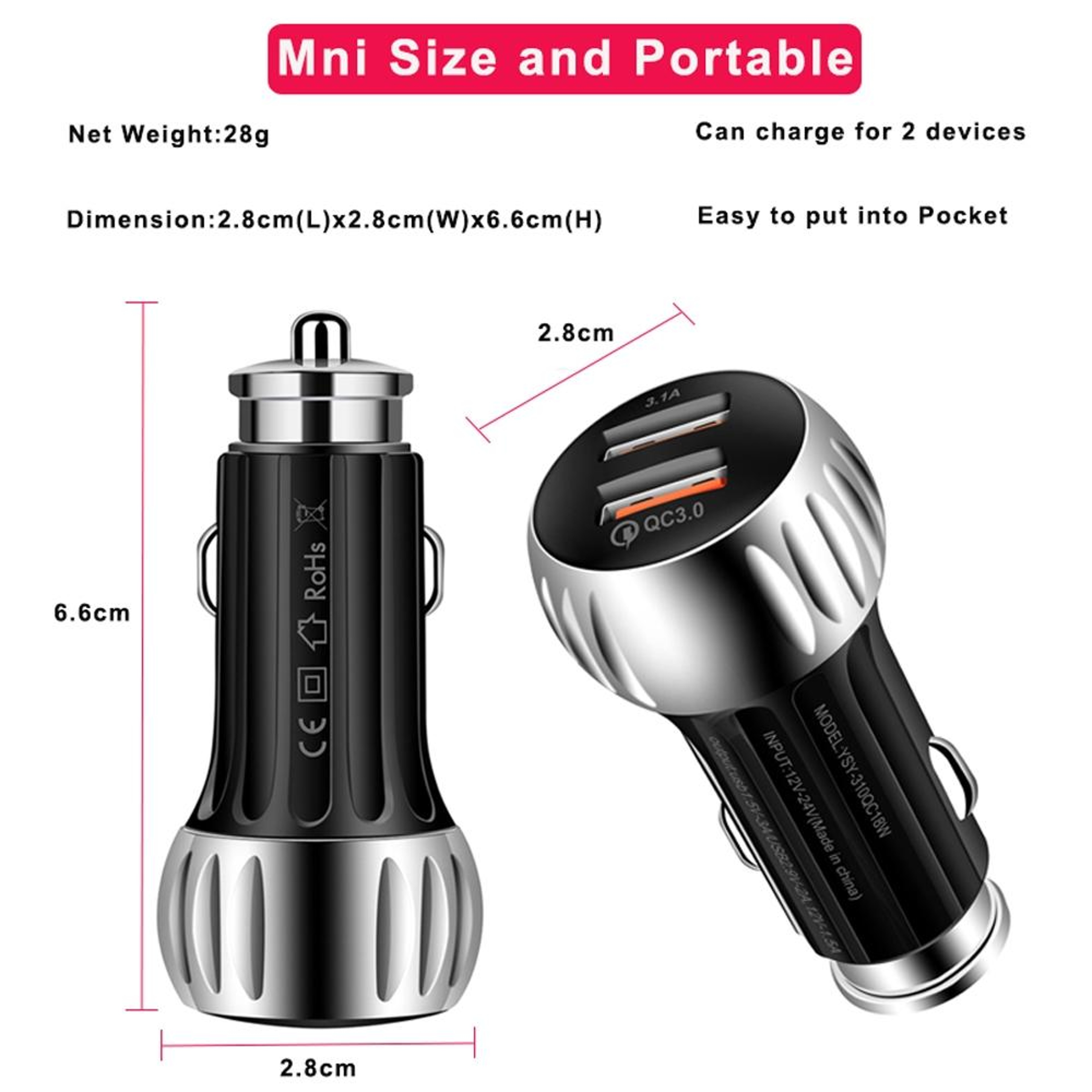 YSY QC30 Dual USB Car Charger With 1M Micro USB Fast Charging Cable 20W Fast Car Adapter 8
