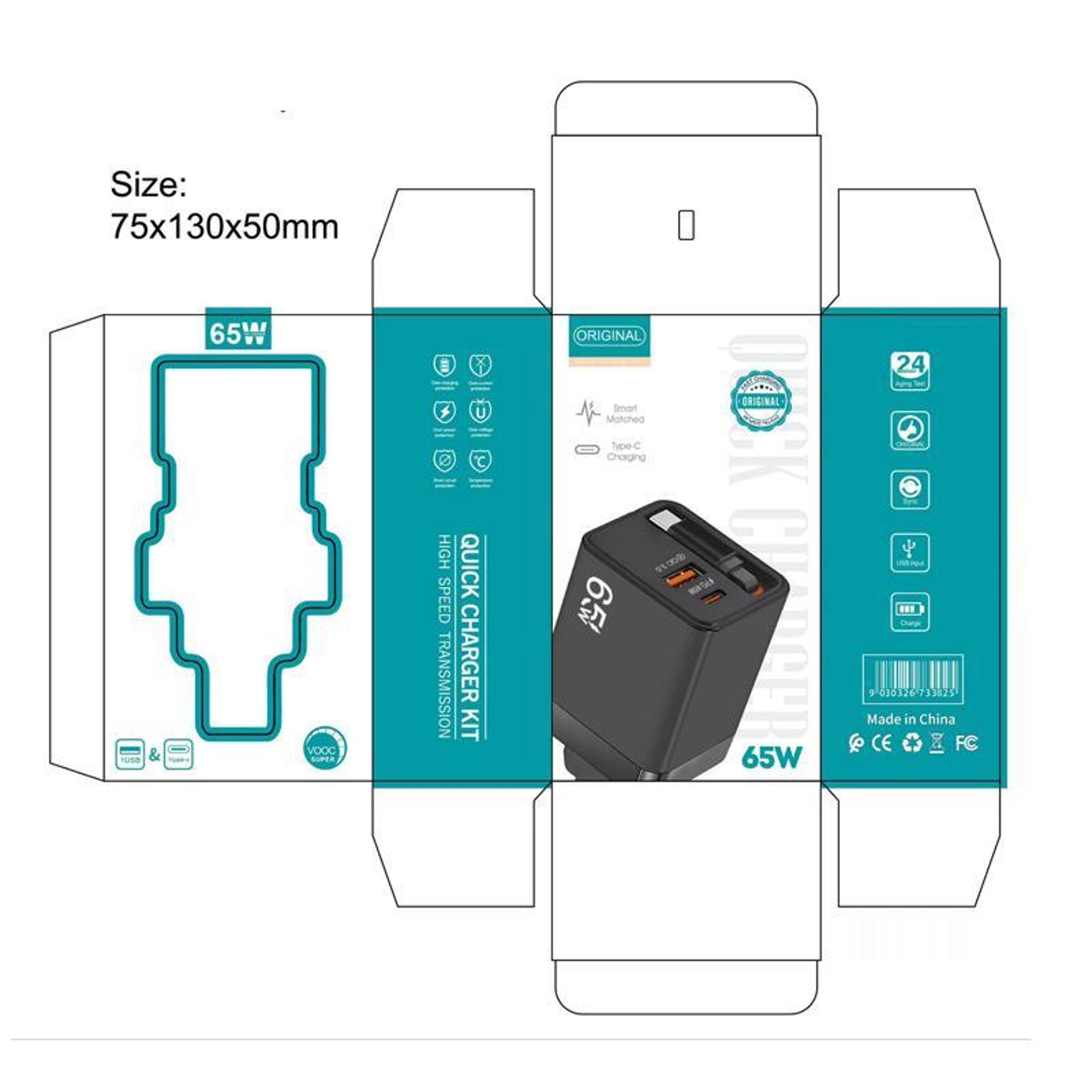 FC1 65W Fast Charger Retractable USB C Charger With 70cm Type C Cable PD30 QC30 US Plug 7