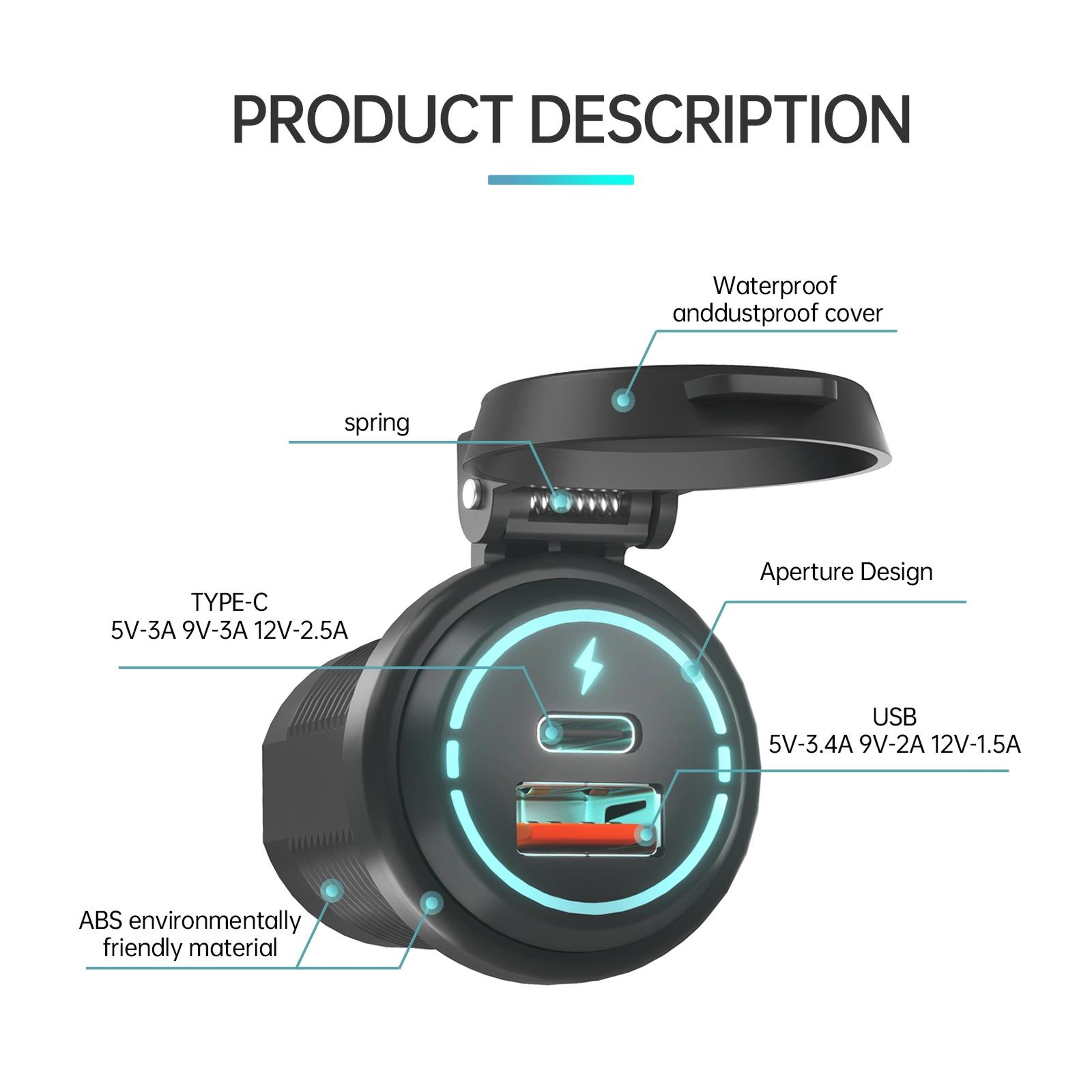 QC30 Waterproof Dual USB Car Charger Fast Charging USB A Type C Power Outlet 3