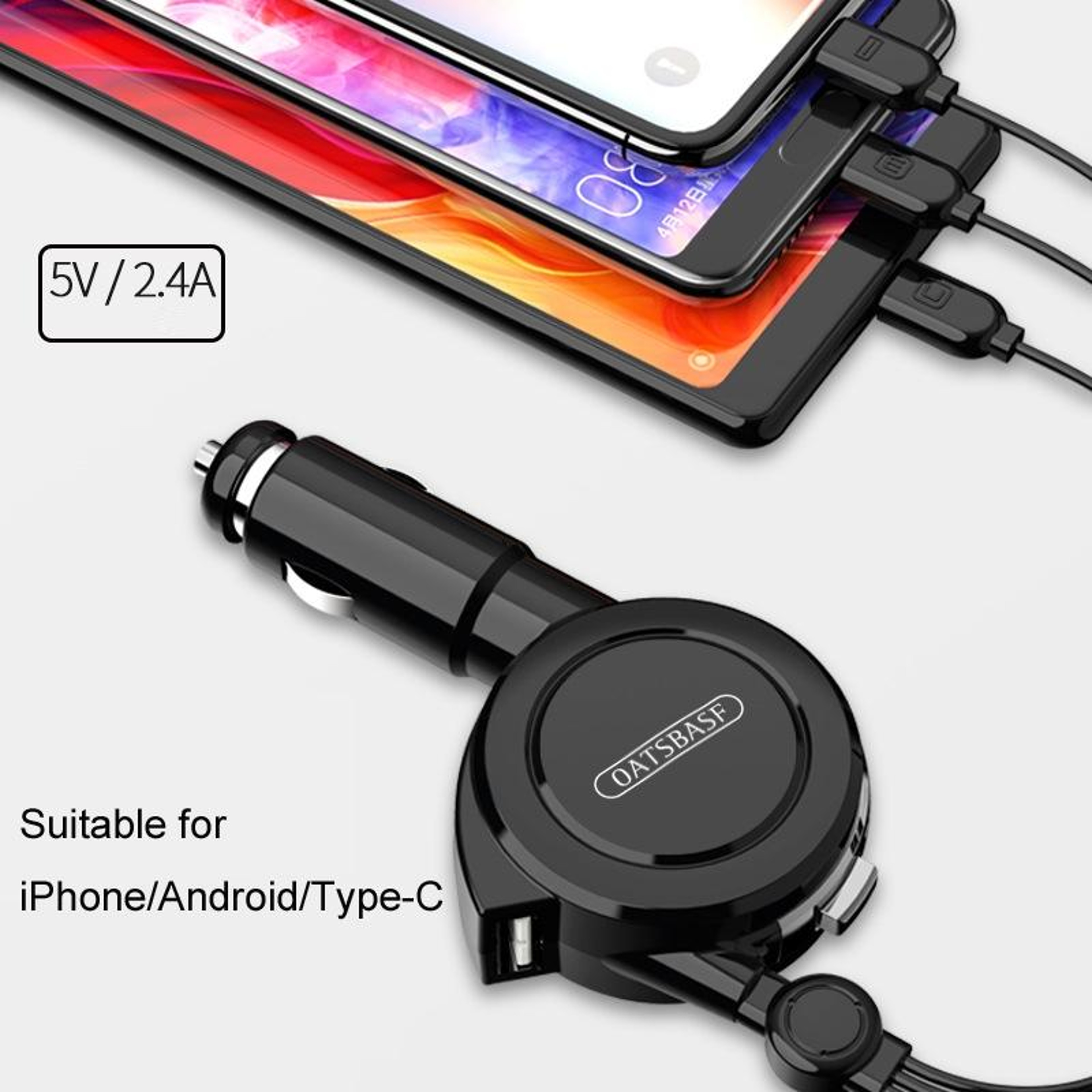 Oatsbasf 3 In 1 Car Charger With Retractable Charging Cable For IPhone Android And USB C Devices Re 2