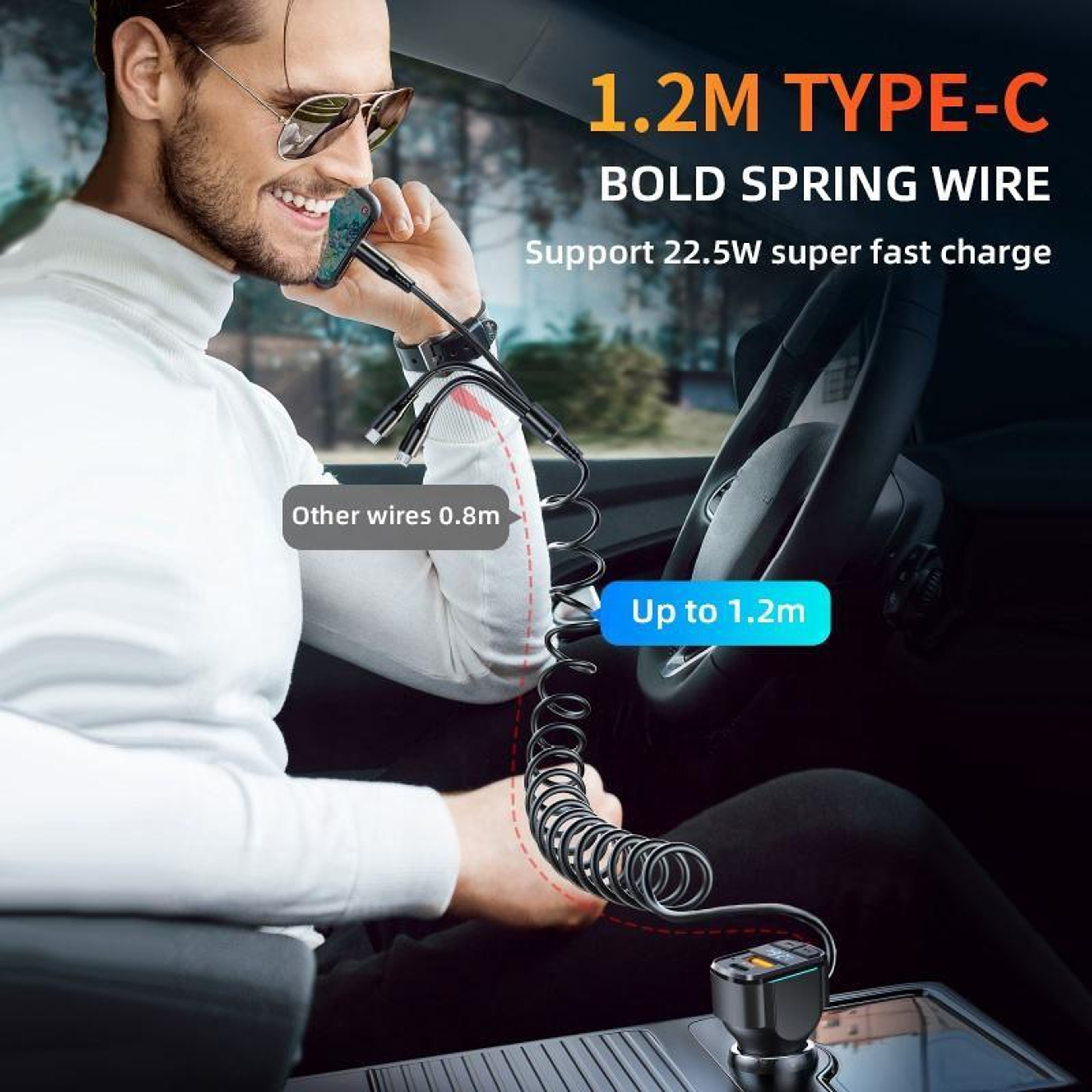 K4 Car Fast Charger 3 In 1 PD Car Charger With Dual USB Ports And Spring Charging Cable 6