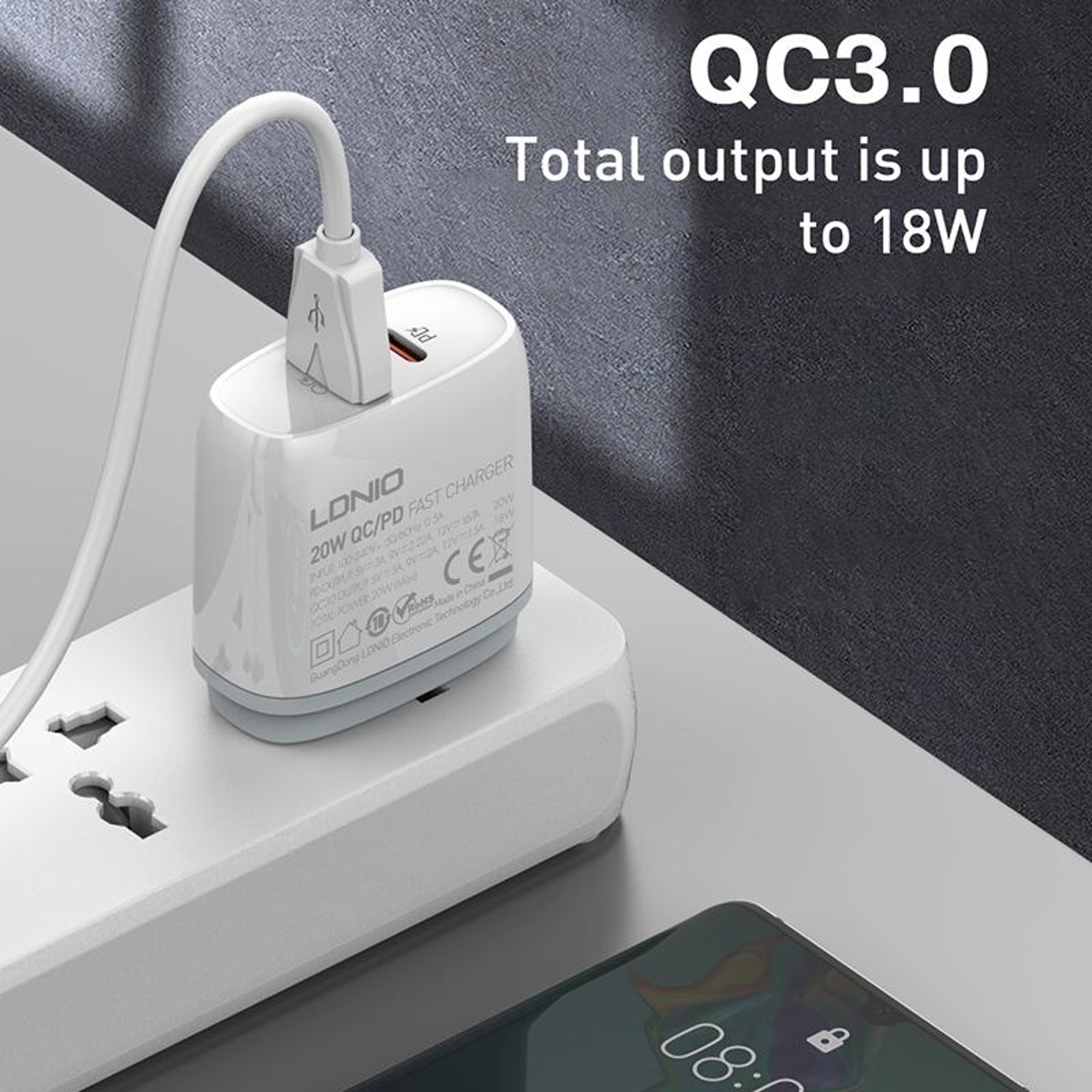 LDNIO Q229 20W USB C Fast Charger With PD QC30 Wall Charger And 1m Type C Cable US Plug 9