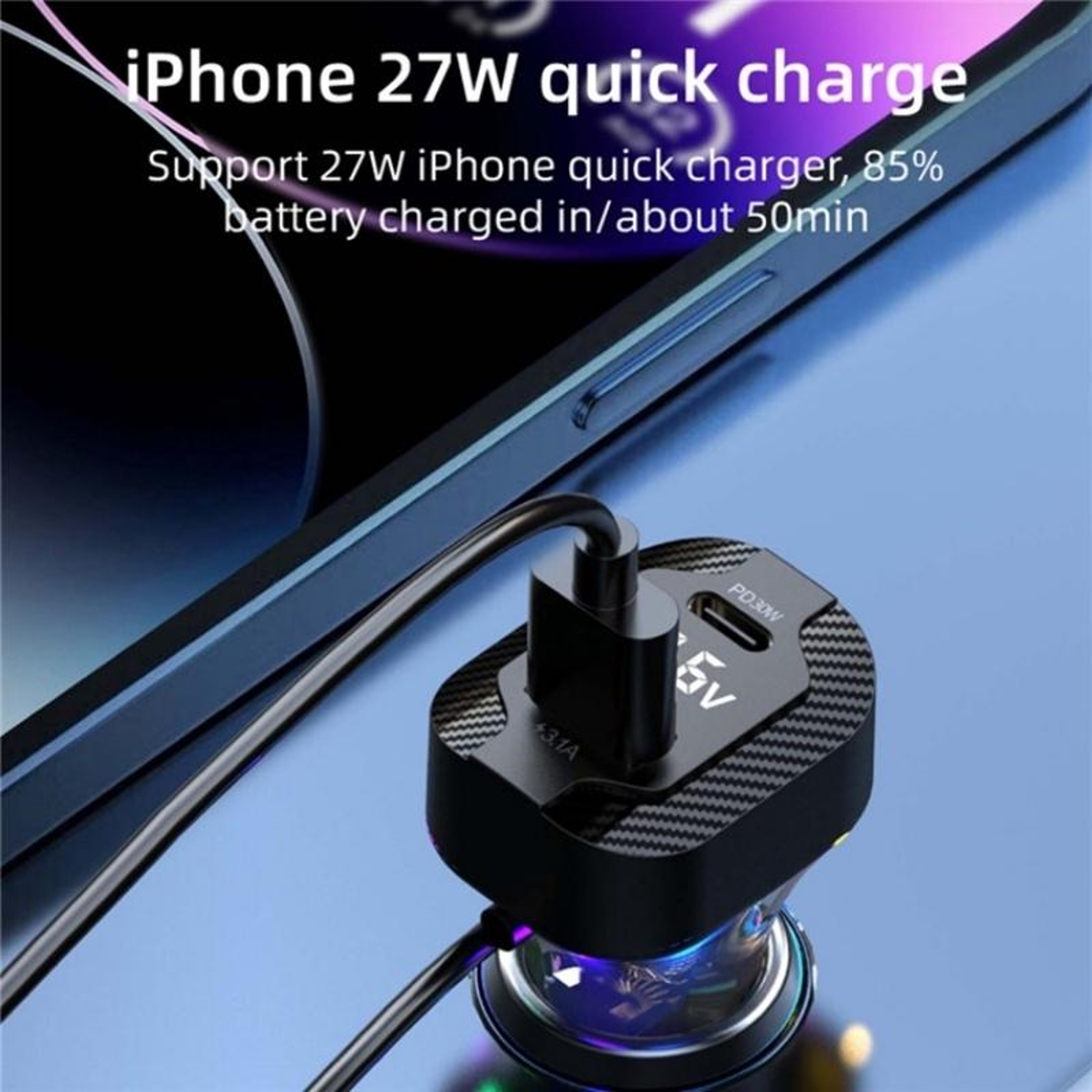 YQ7 PD 30W Car Charger With Voltage Display 5 Port USB C Car Charger And 15m Extension Cable 4
