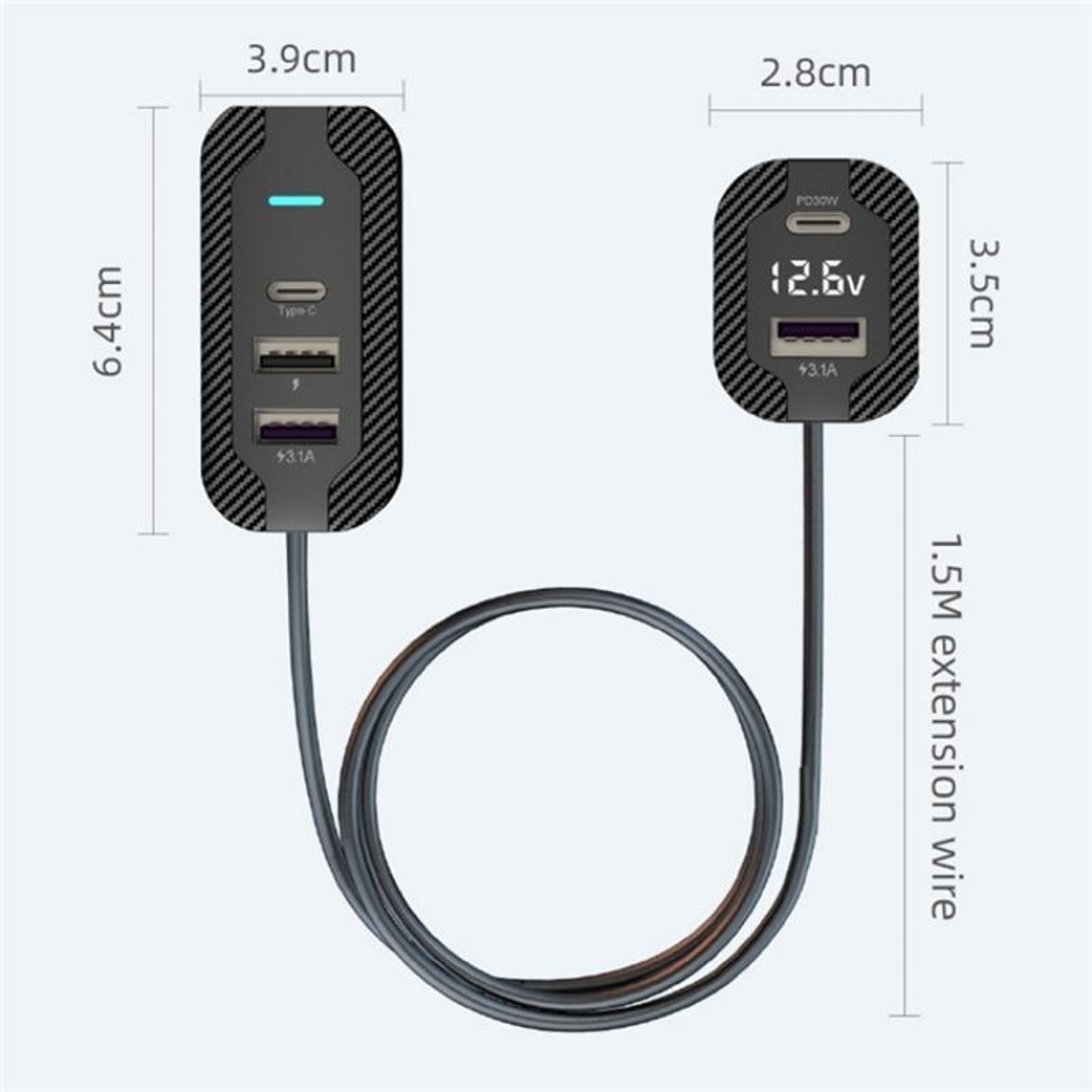 YQ7 PD 30W Car Charger With Voltage Display 5 Port USB C Car Charger And 15m Extension Cable 5