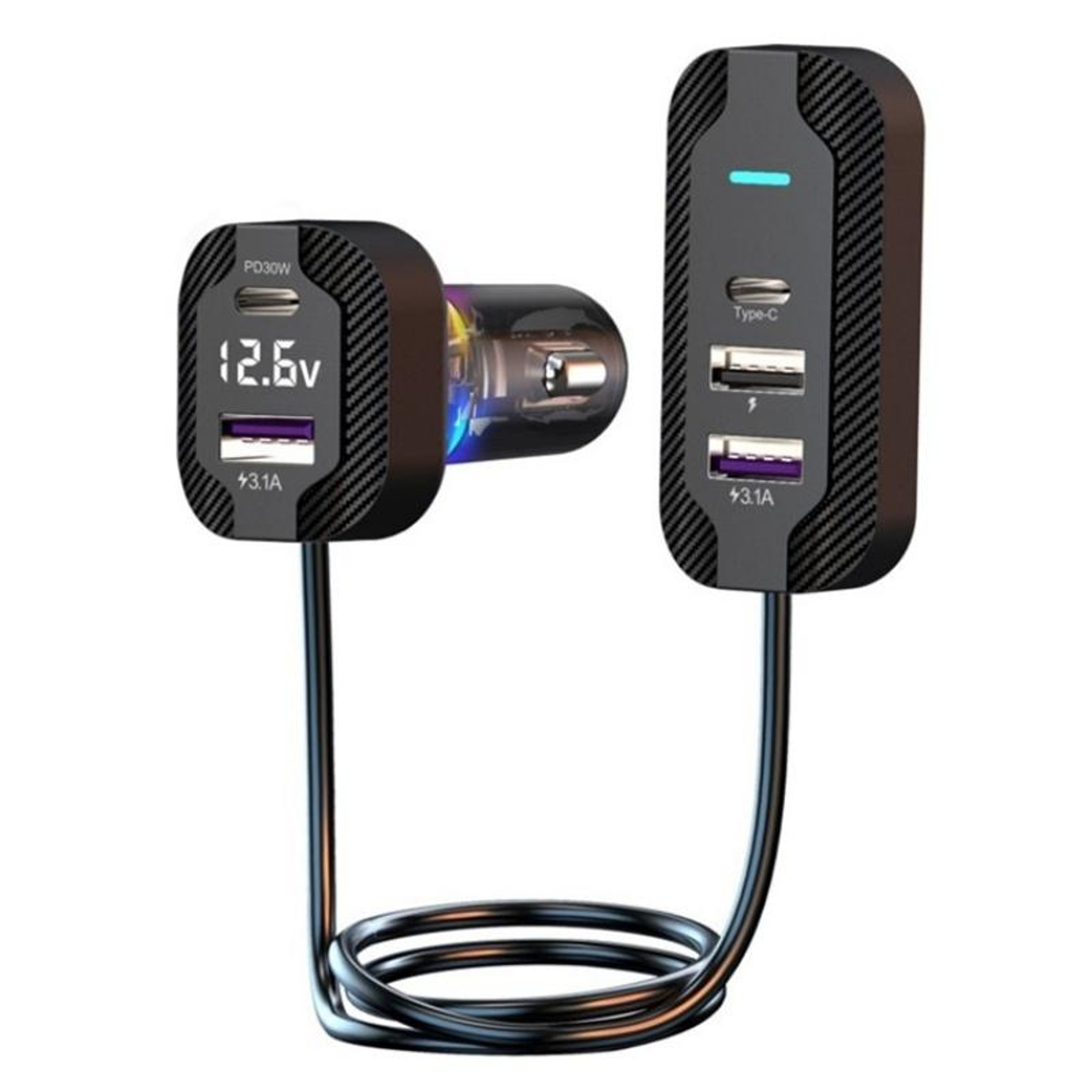 YQ7 PD 30W Car Charger With Voltage Display 5 Port USB C Car Charger And 15m Extension Cable 2
