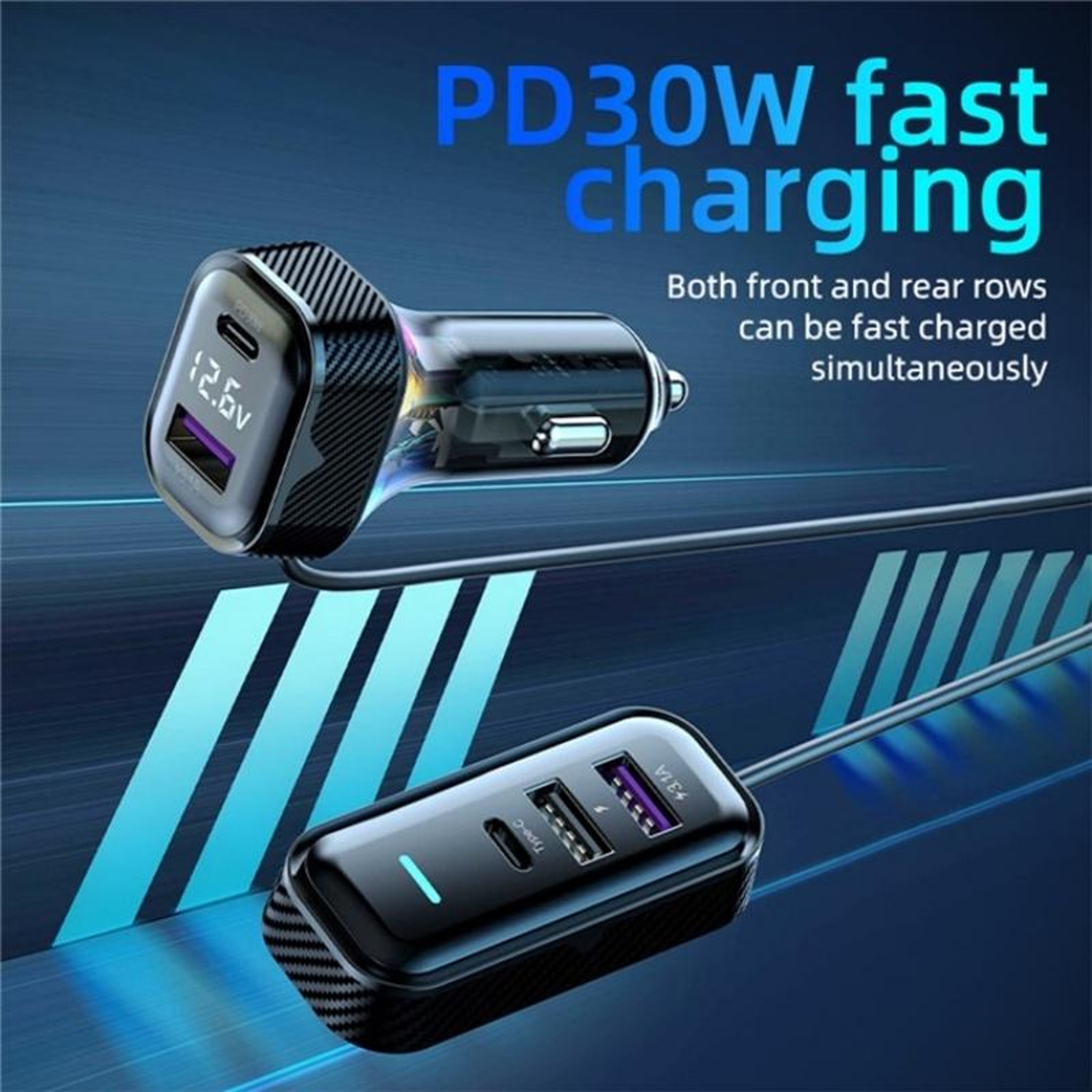 30W PD Fast Car Charger With 5 Ports Type C USB Extension Cable And Battery Voltage Display 6