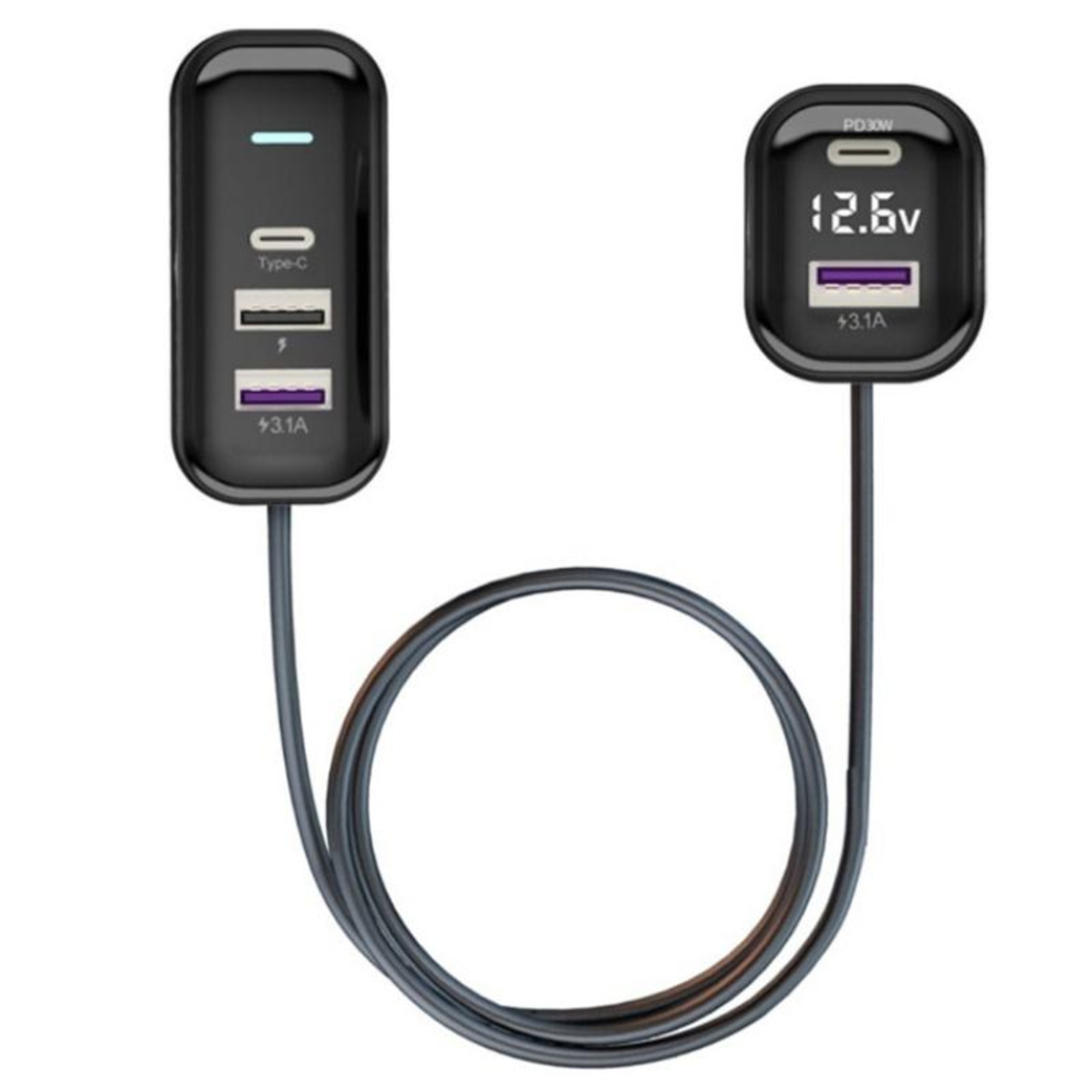30W PD Fast Car Charger With 5 Ports Type C USB Extension Cable And Battery Voltage Display 1