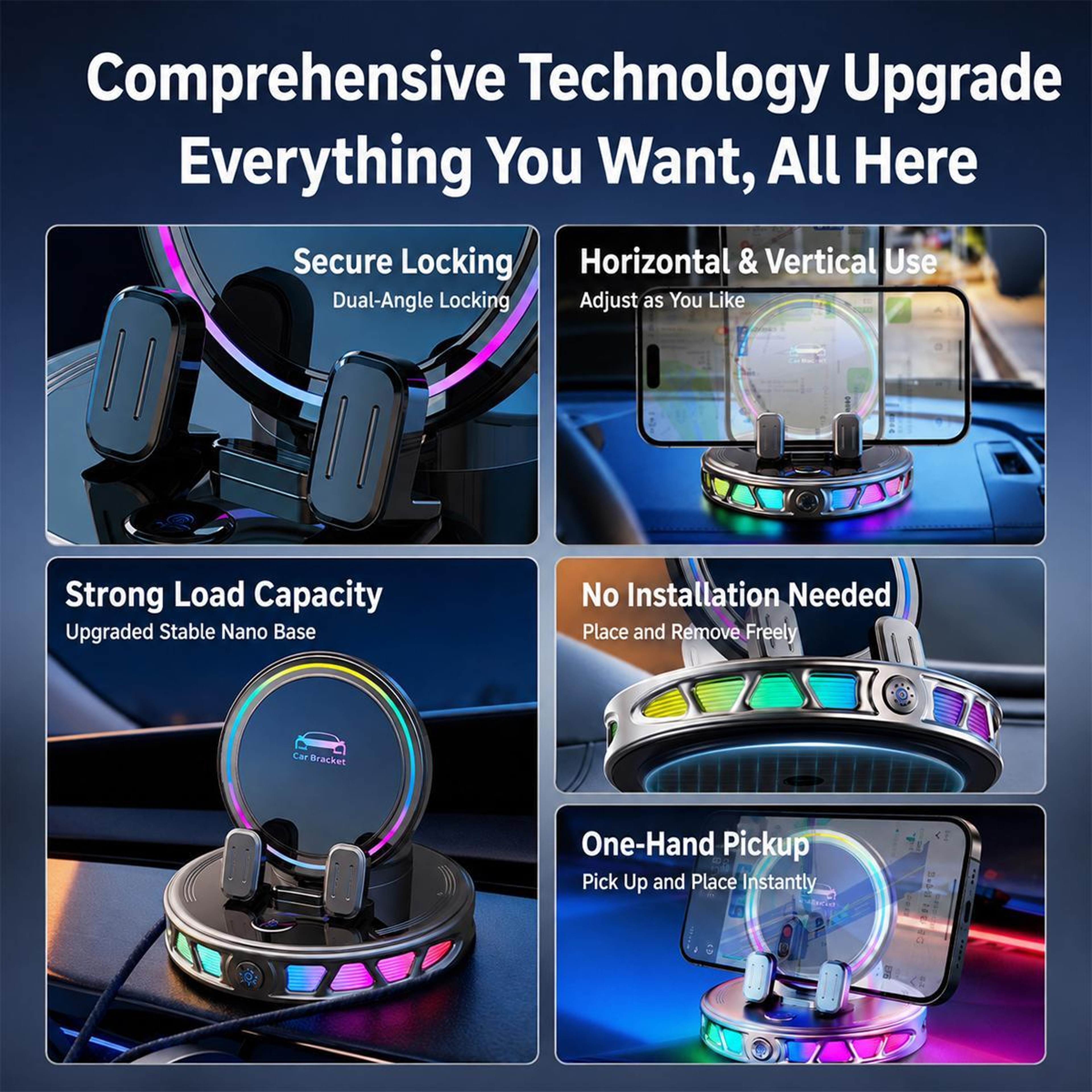 Auto Lock Wireless Car Charger Mount with 360° Dashboard Phone Holder and RGB Light – view 5
