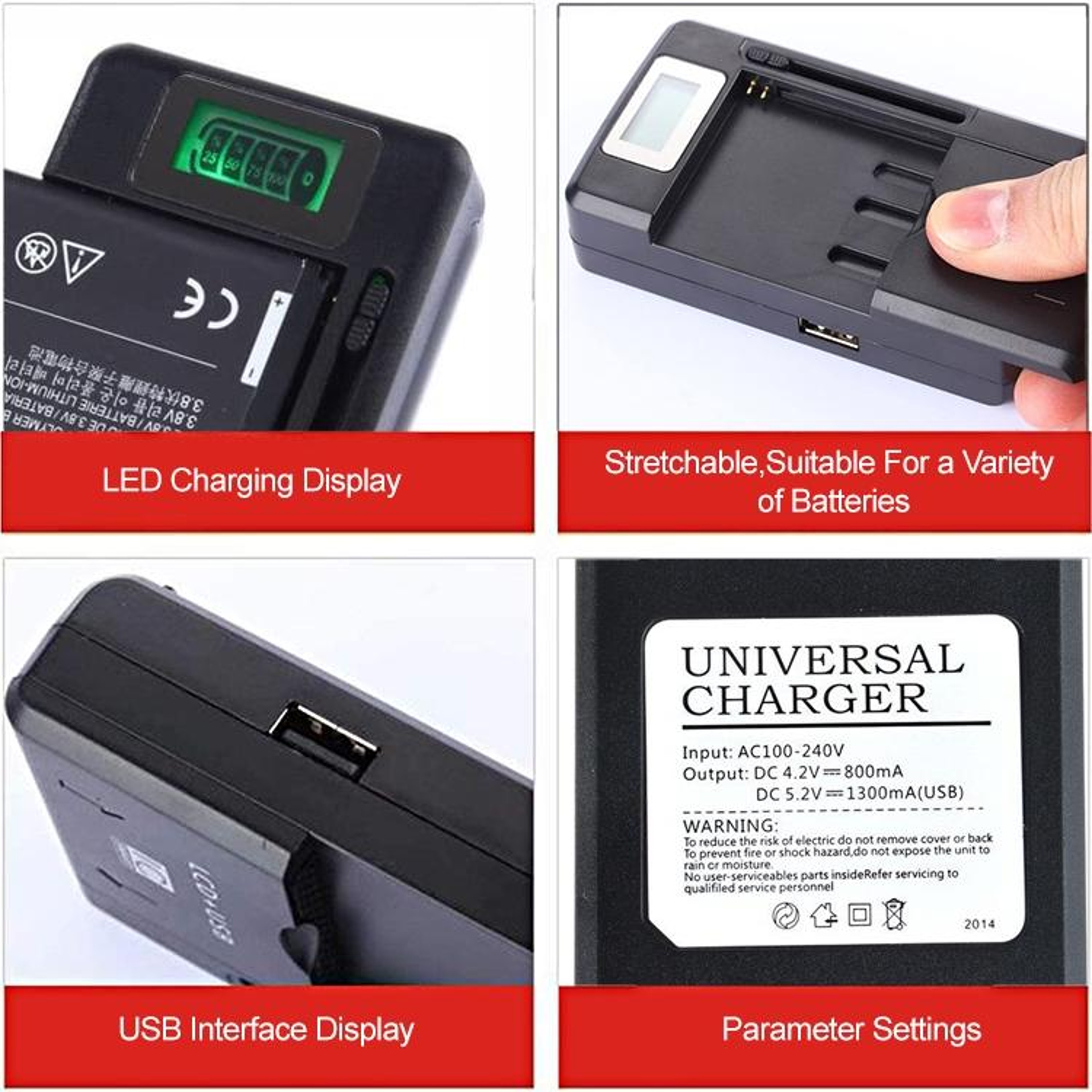 Universal Battery Charger With LCD Display  USB Output For Cell Phone Batteries US Plug 4