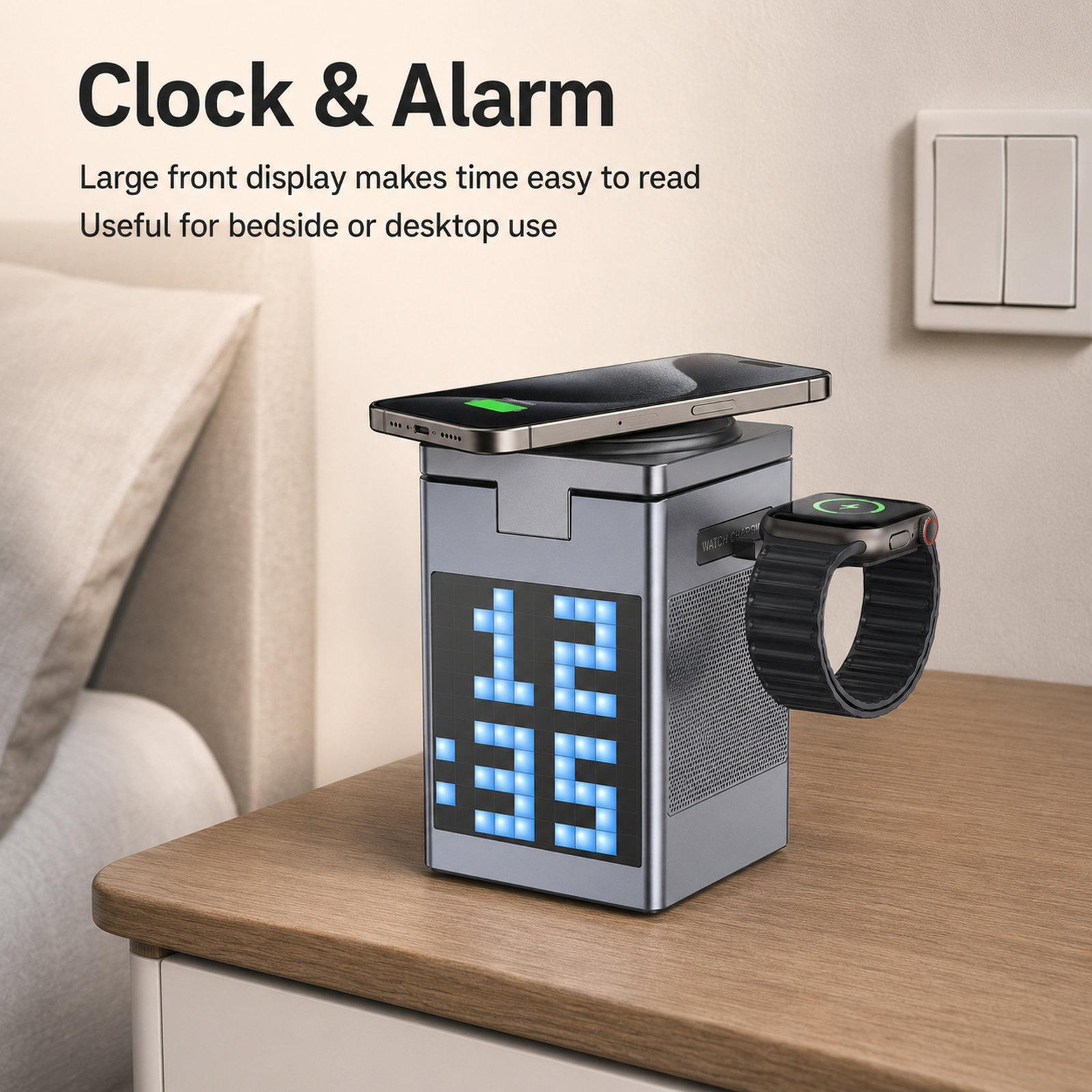 6 In 1 Magnetic Wireless Charging Station with Bluetooth Speaker, Pixel Art Alarm Clock and 3 In 1 Fast Charger – view 7