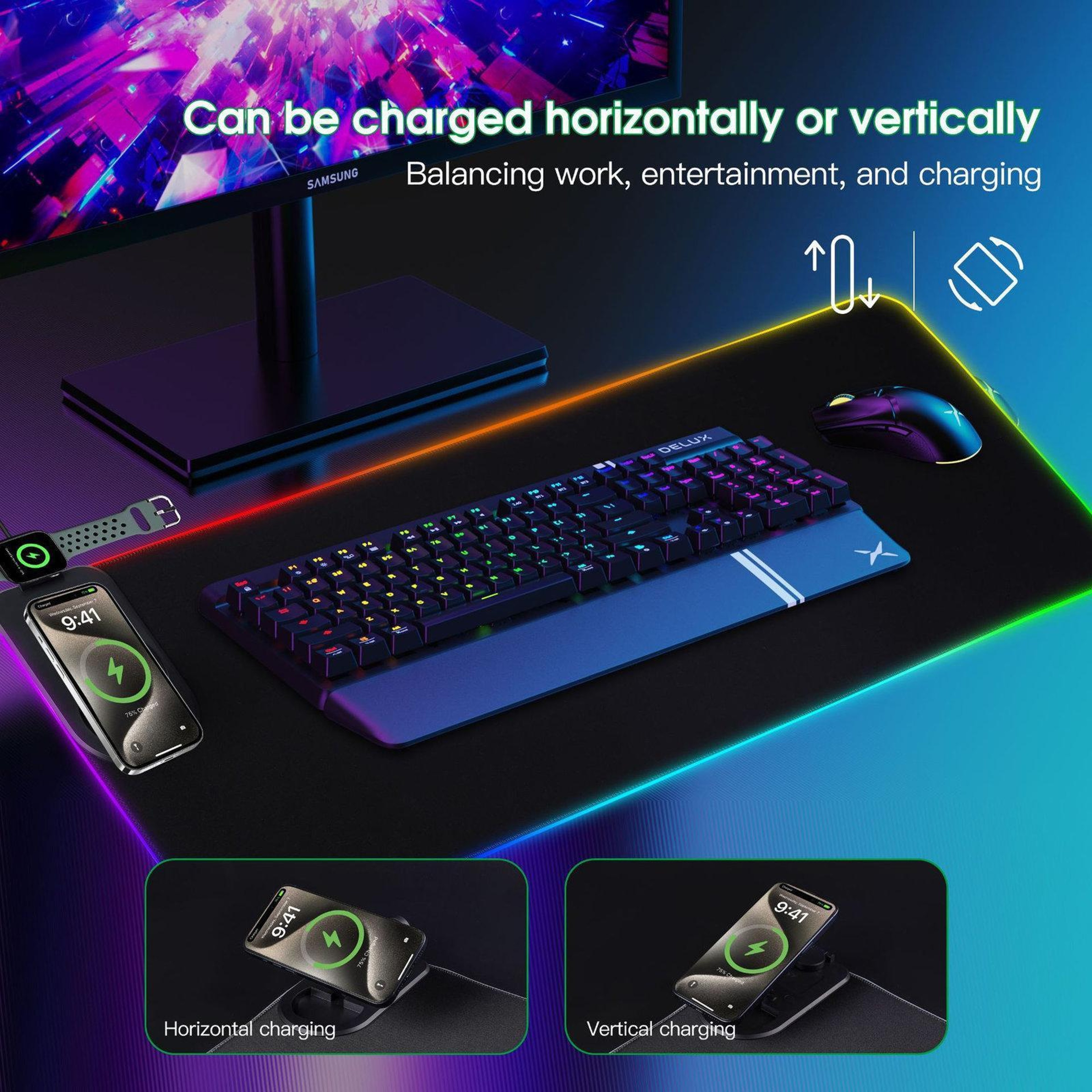 3 In 1 Wireless Charging Mouse Pad RGB Gaming Desk Mat With 15W Fast Charger – view 11