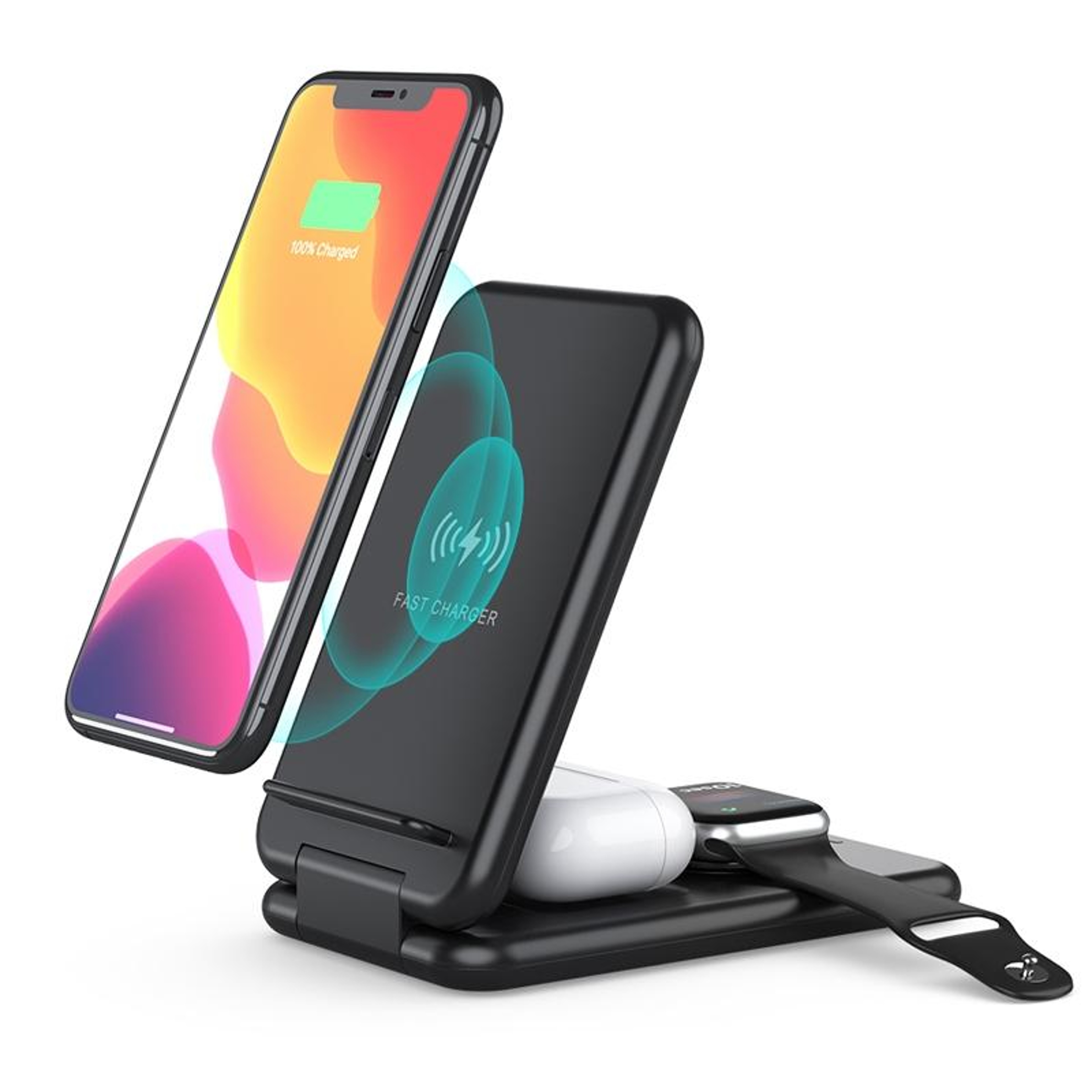 15W 3 in 1 Wireless Charger Station Foldable Phone Holder for iPhone Watch AirPods – view 3