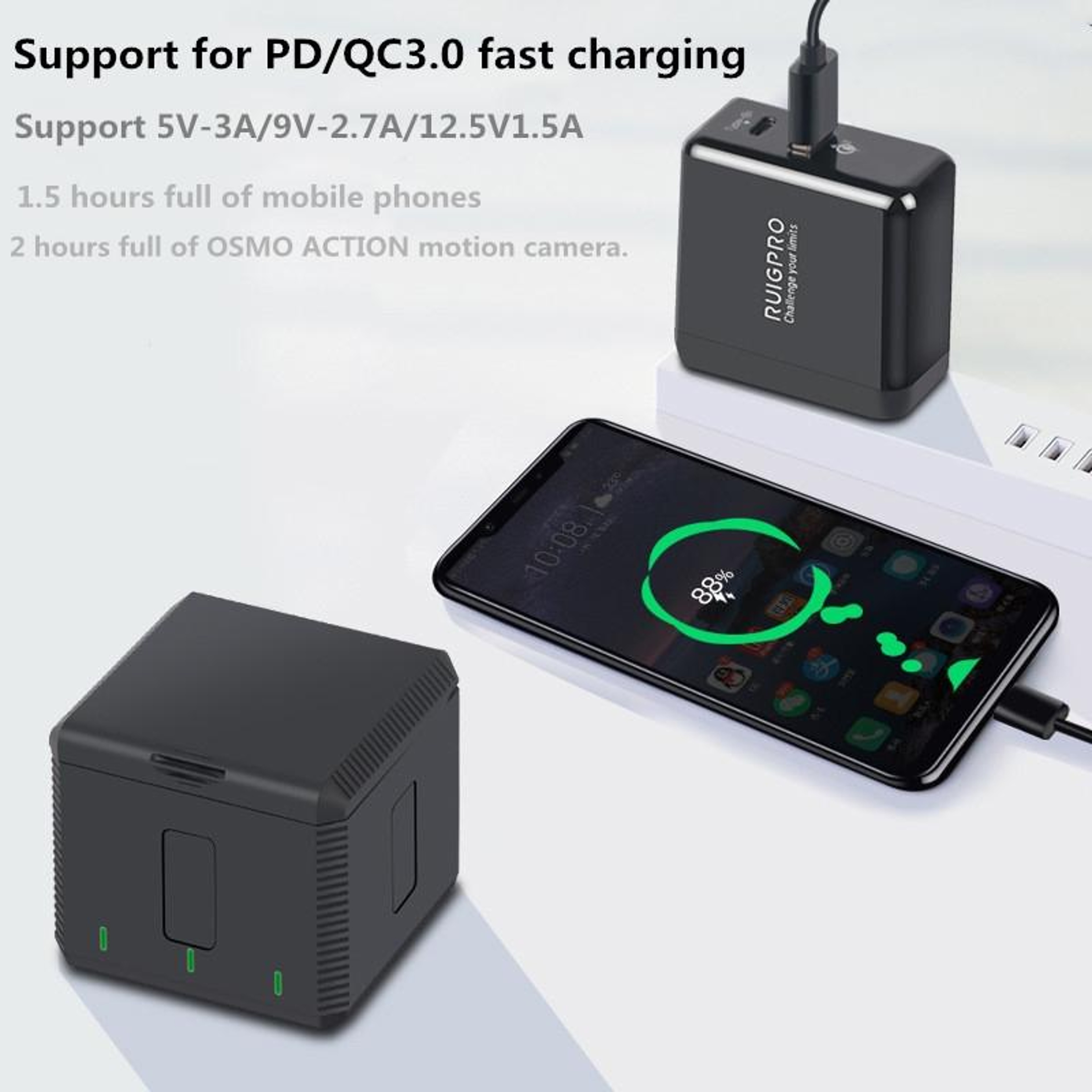 RUIGPRO DJI Osmo Action 1 Battery Charger Triple USB Battery Charging Dock With LED Indicators 8