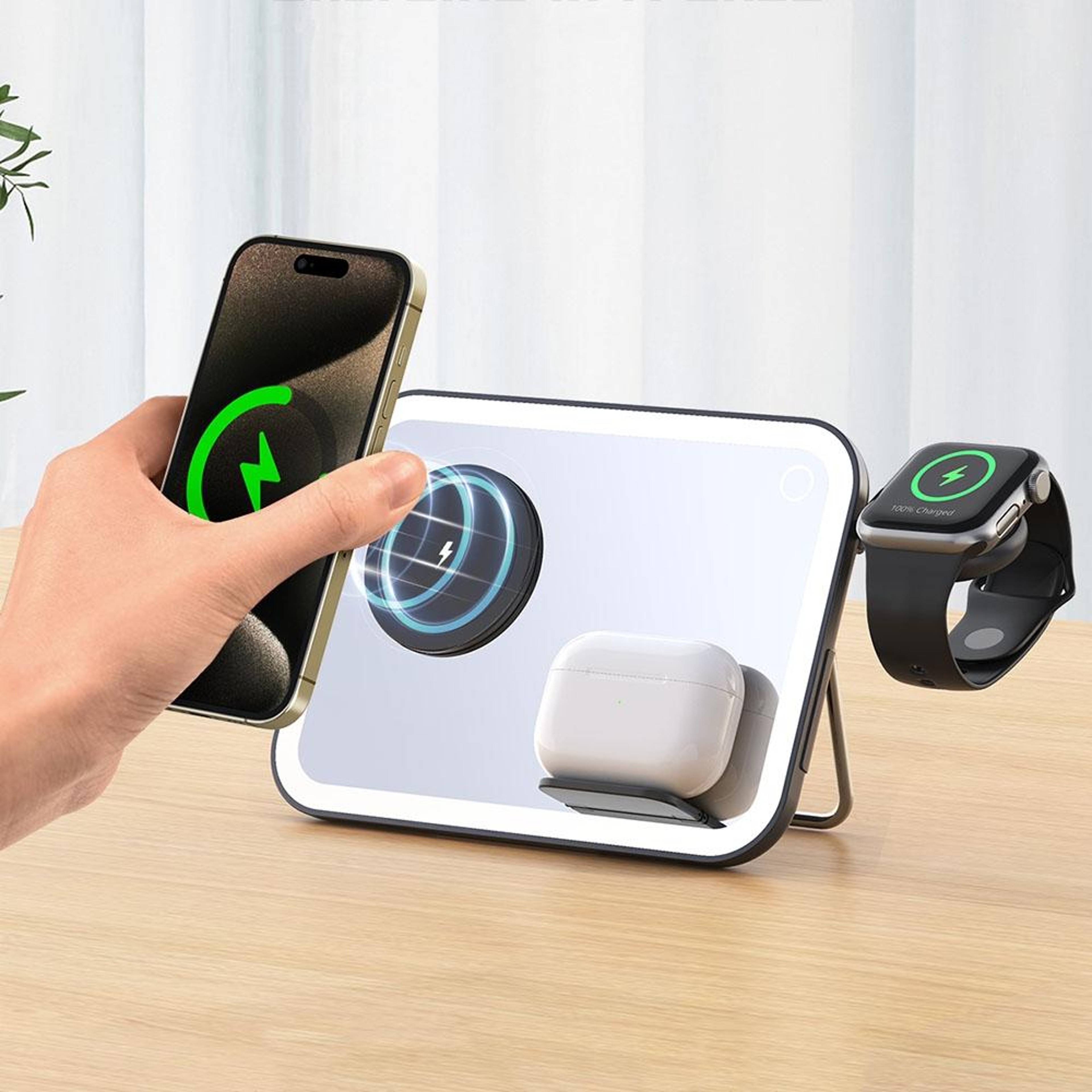 MagSafe 3 In 1 Wireless Charging Station With LED Makeup Mirror Foldable Magnetic Charger And Night 2