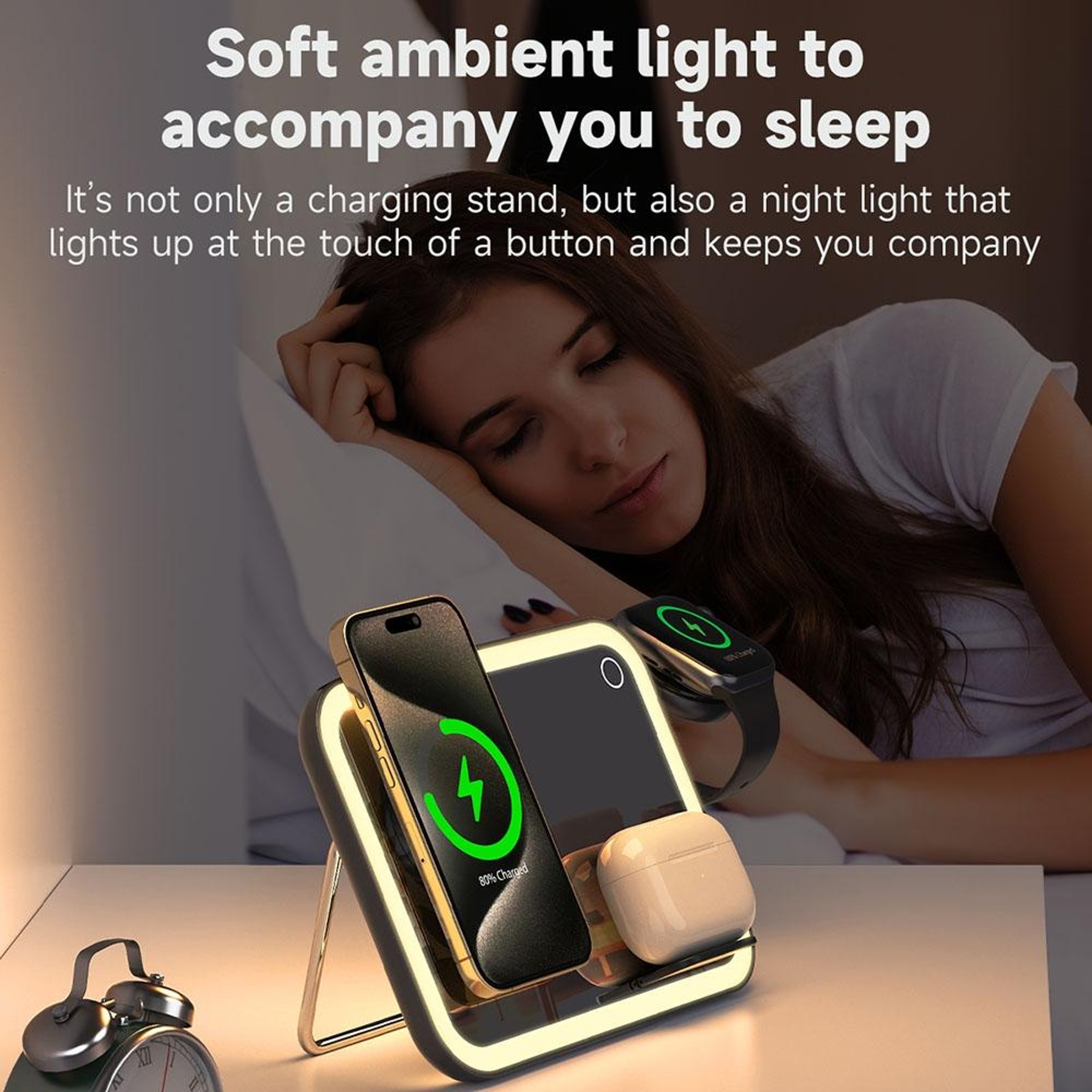MagSafe 3 In 1 Wireless Charging Station With LED Makeup Mirror Foldable Magnetic Charger And Night 9