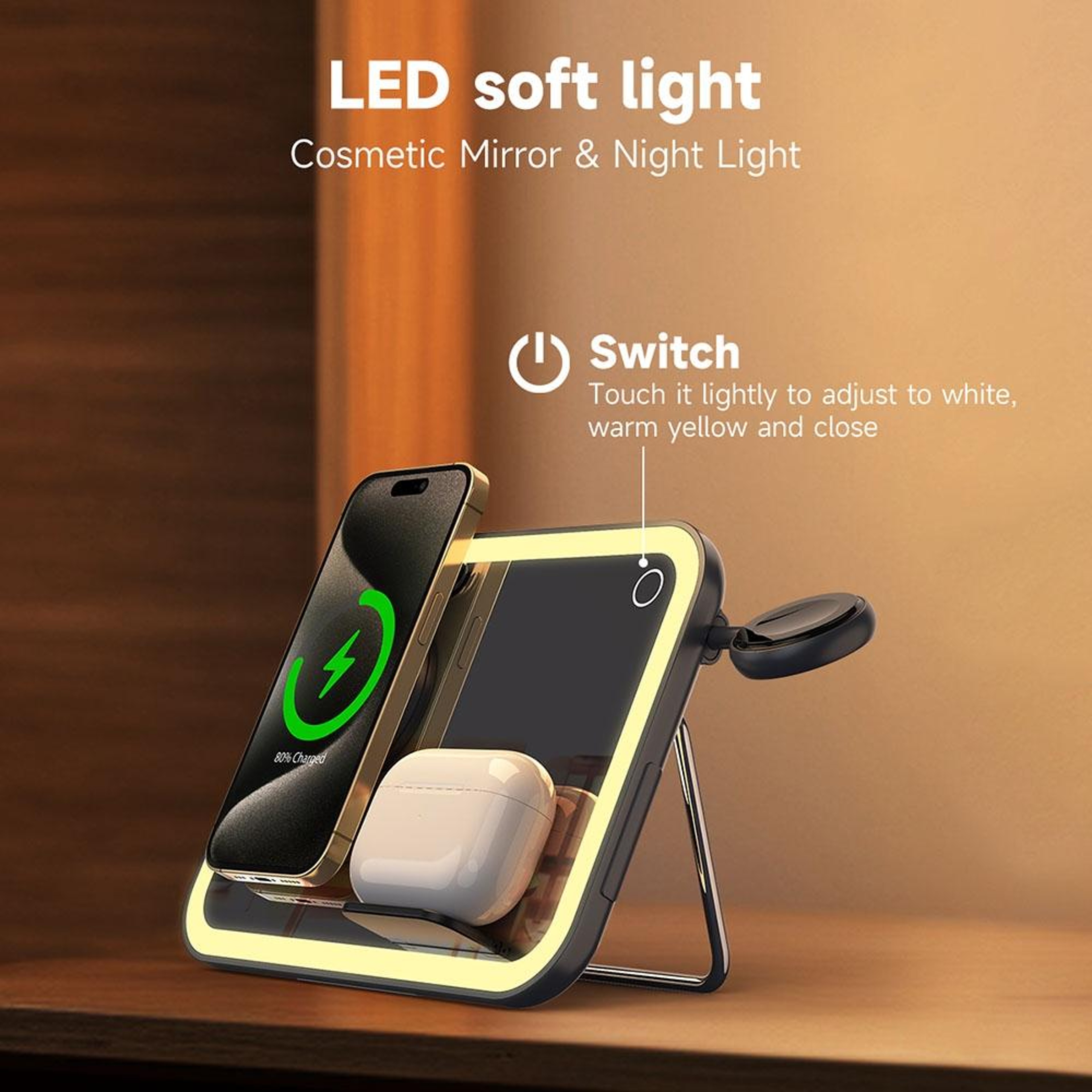 MagSafe 3 In 1 Wireless Charging Station With LED Makeup Mirror Foldable Magnetic Charger And Night 6
