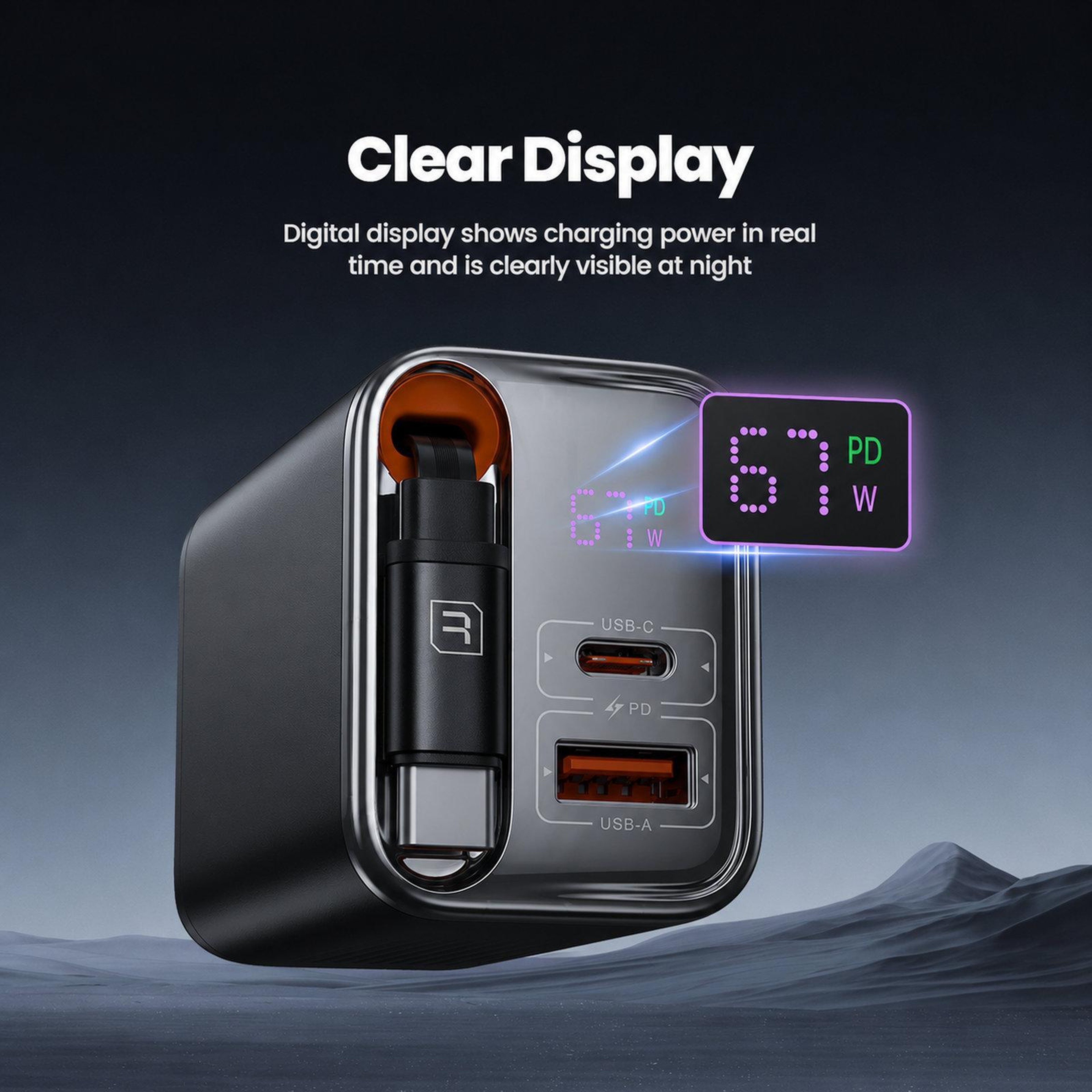 Toocki 67W USB C Charger 3 Port Fast Charging Station with Retractable USB C Cable LED Display – view 4