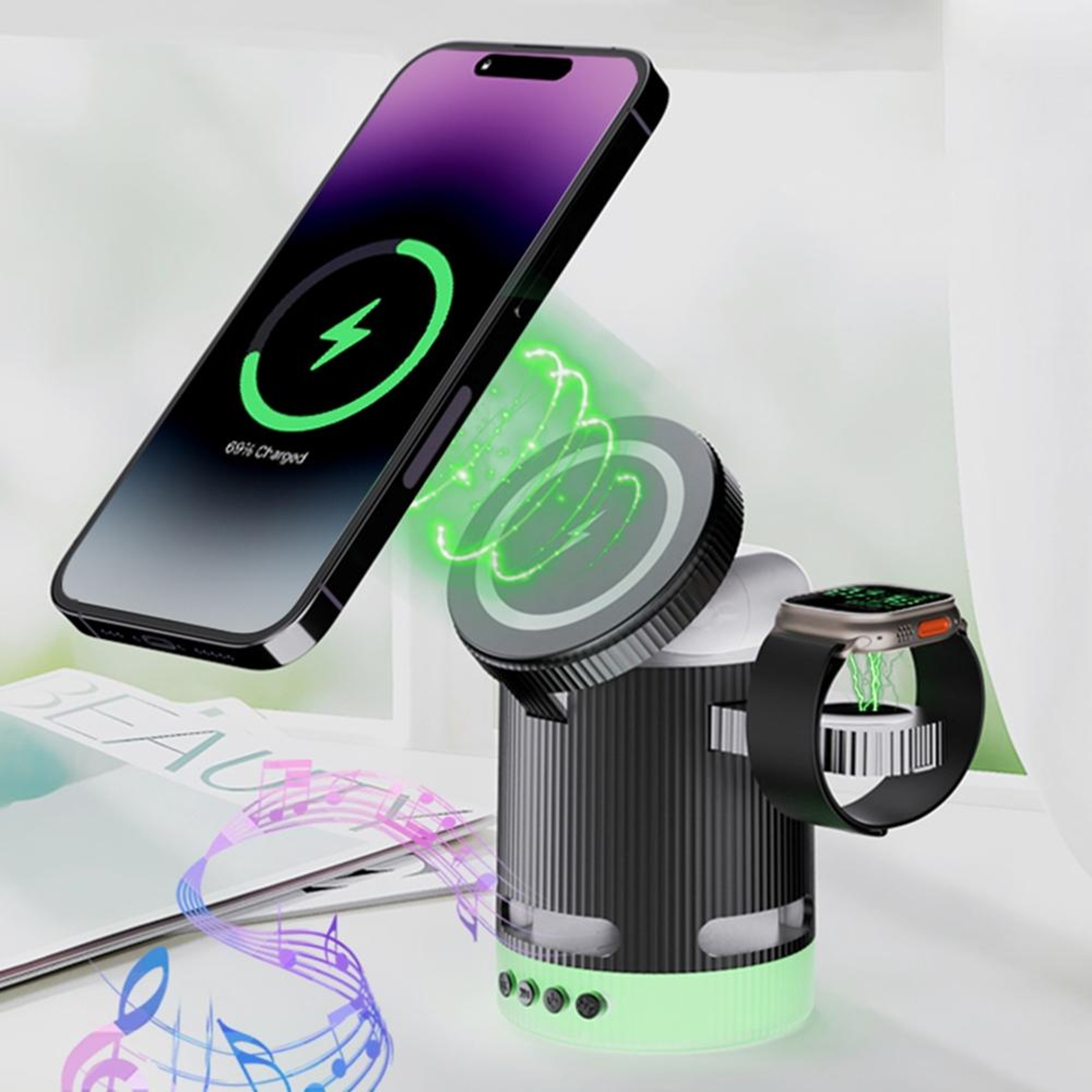 H61 4 in 1 Wireless Charger Foldable Magnetic Wireless Charging Station with Bluetooth Speaker and RGB Light – view 2
