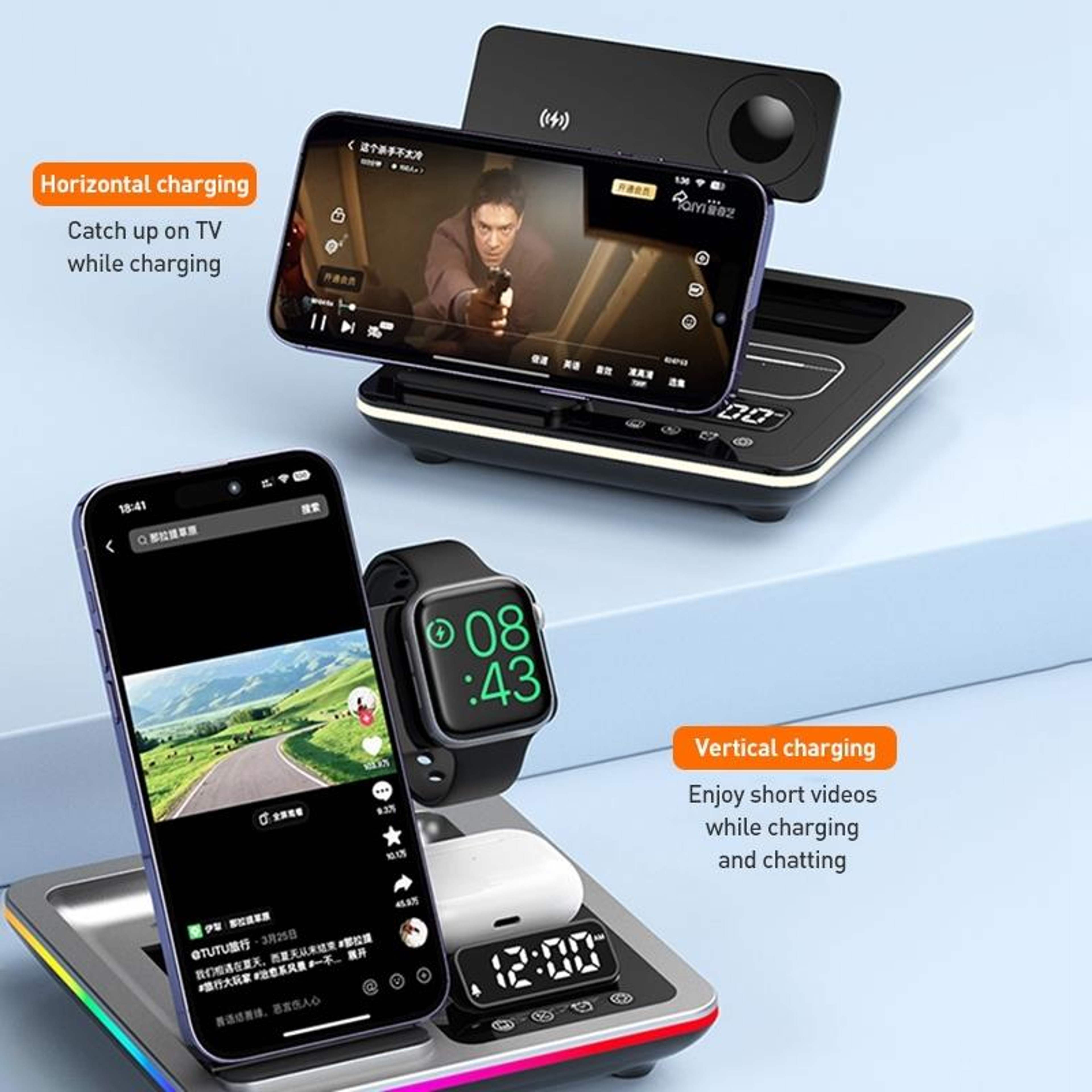 A93 5 In 1 Wireless Charger Foldable Wireless Charging Station With Phone Stand Alarm Clock And RGB 10