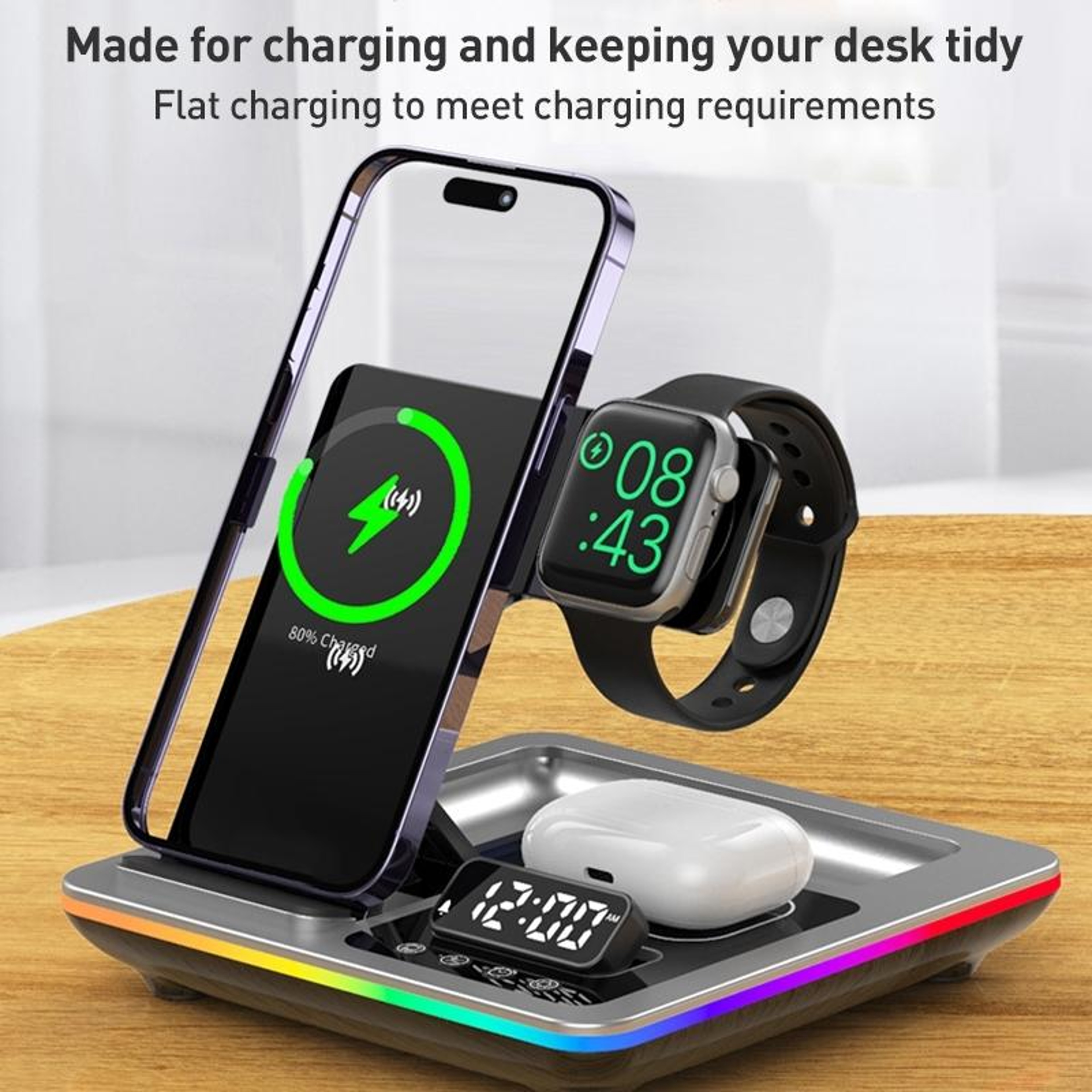 A93 5 In 1 Wireless Charger Foldable Wireless Charging Station With Phone Stand Alarm Clock And RGB 11