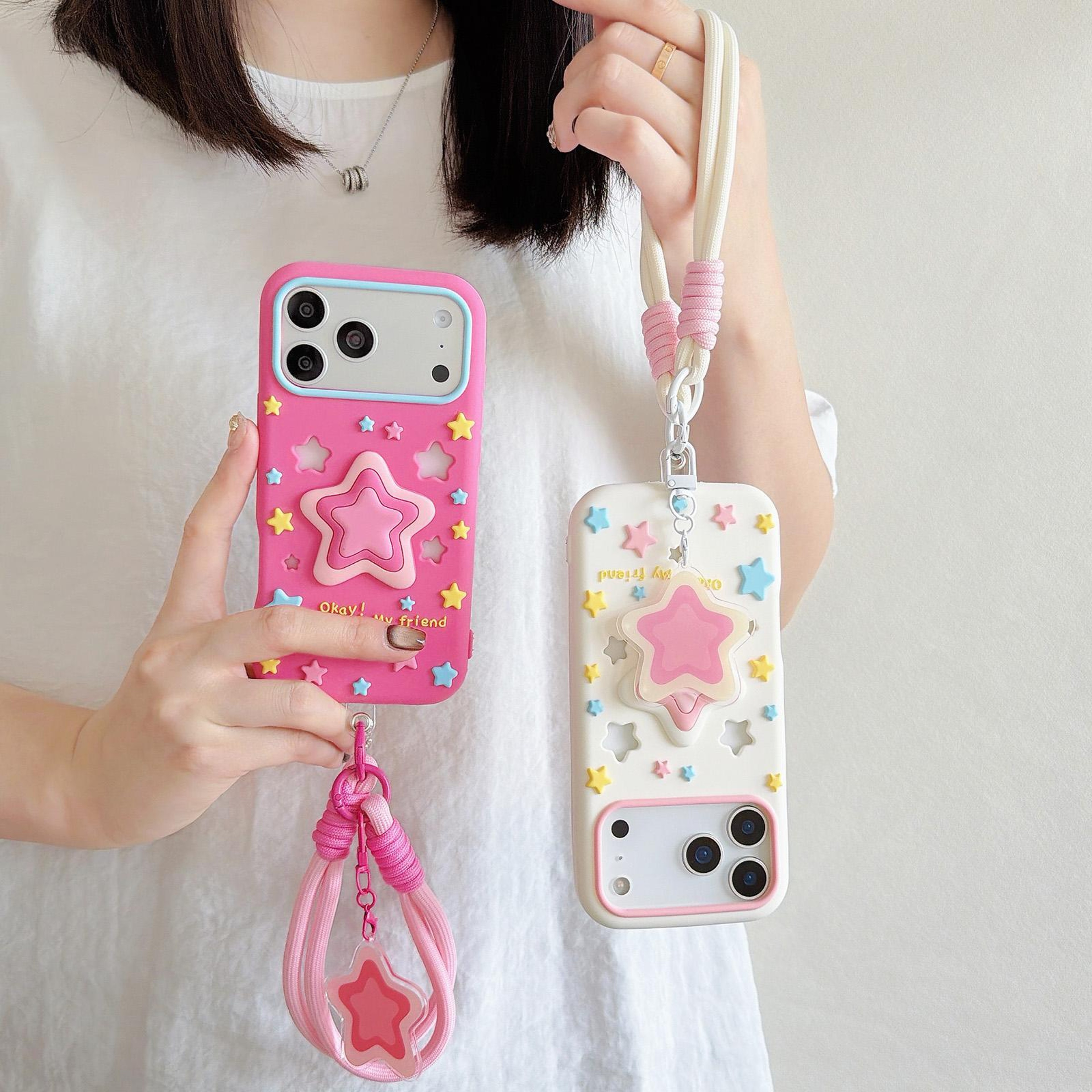 IPhone 15 Pro Silicone Case With Lanyard Cute Star Protective Shockproof Cover 6