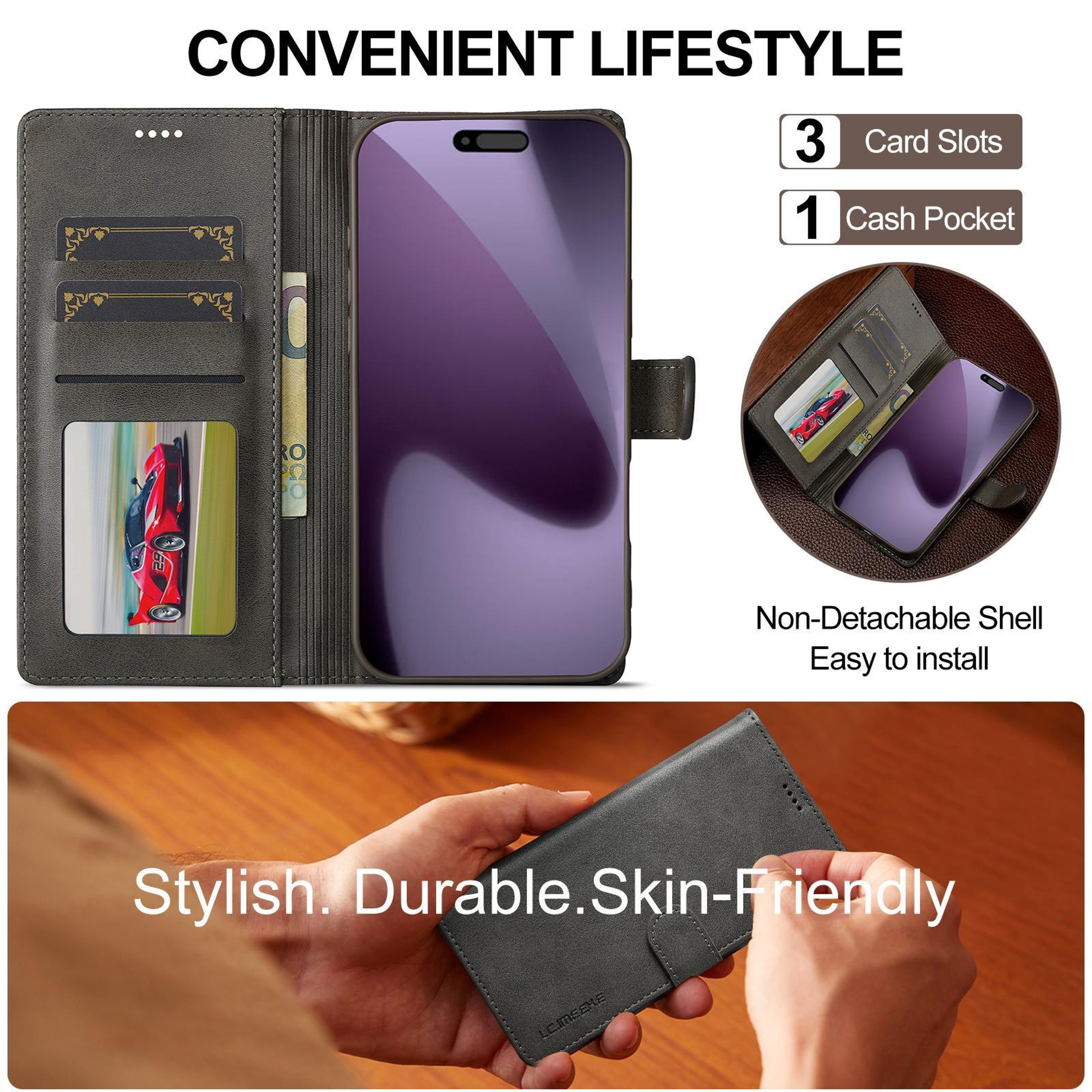 LCIMEEKE Premium IPhone 17 Pro Max Leather Case With Wallet  Kickstand Flip Cover 5