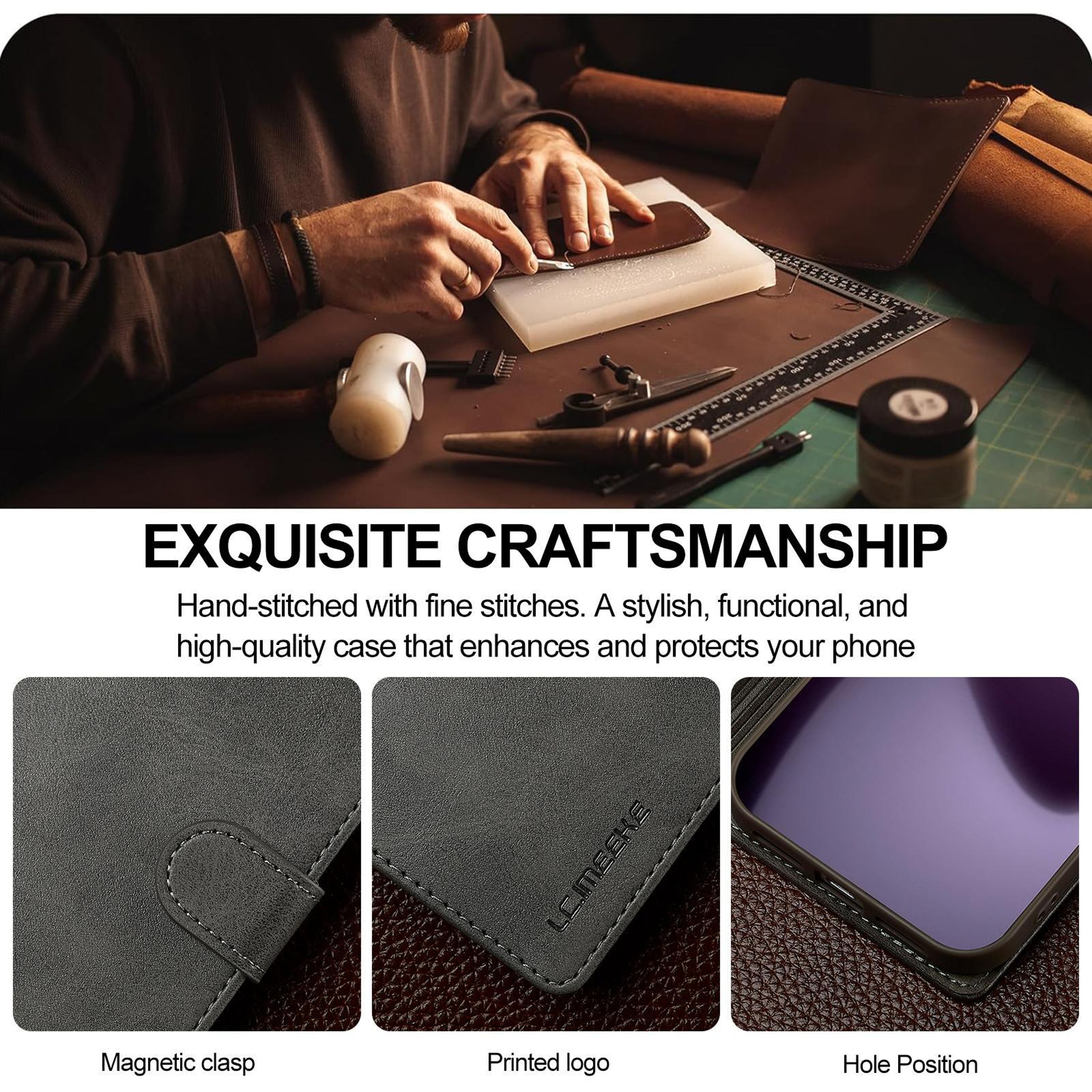 LCIMEEKE Calf Texture Leather Wallet Case With Stand For IPhone 17 Pro Flip Cover 4