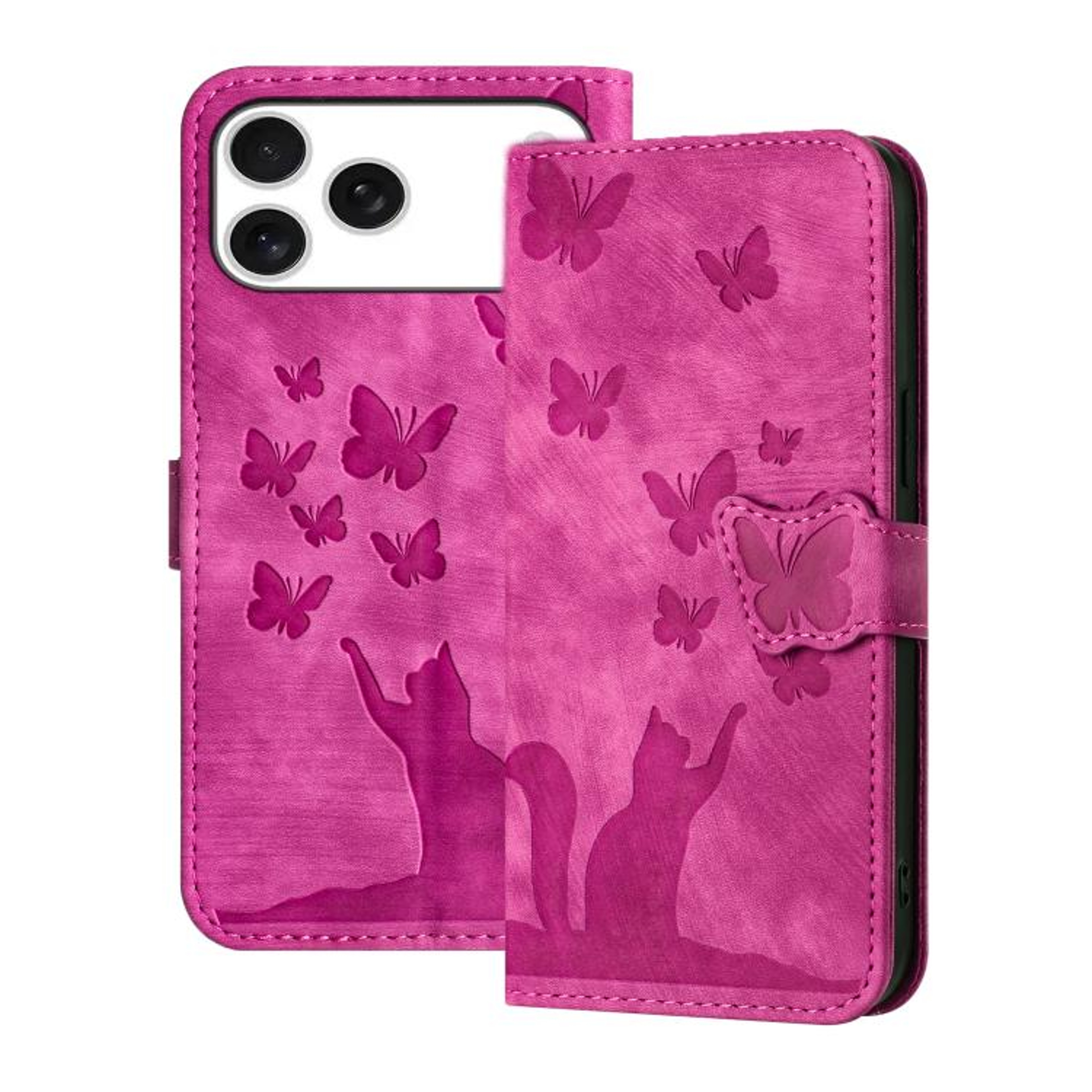 Butterfly Cat Embossed IPhone 17 Pro Max Wallet Case With Kickstand  Wrist Strap Leather Phone Case 8