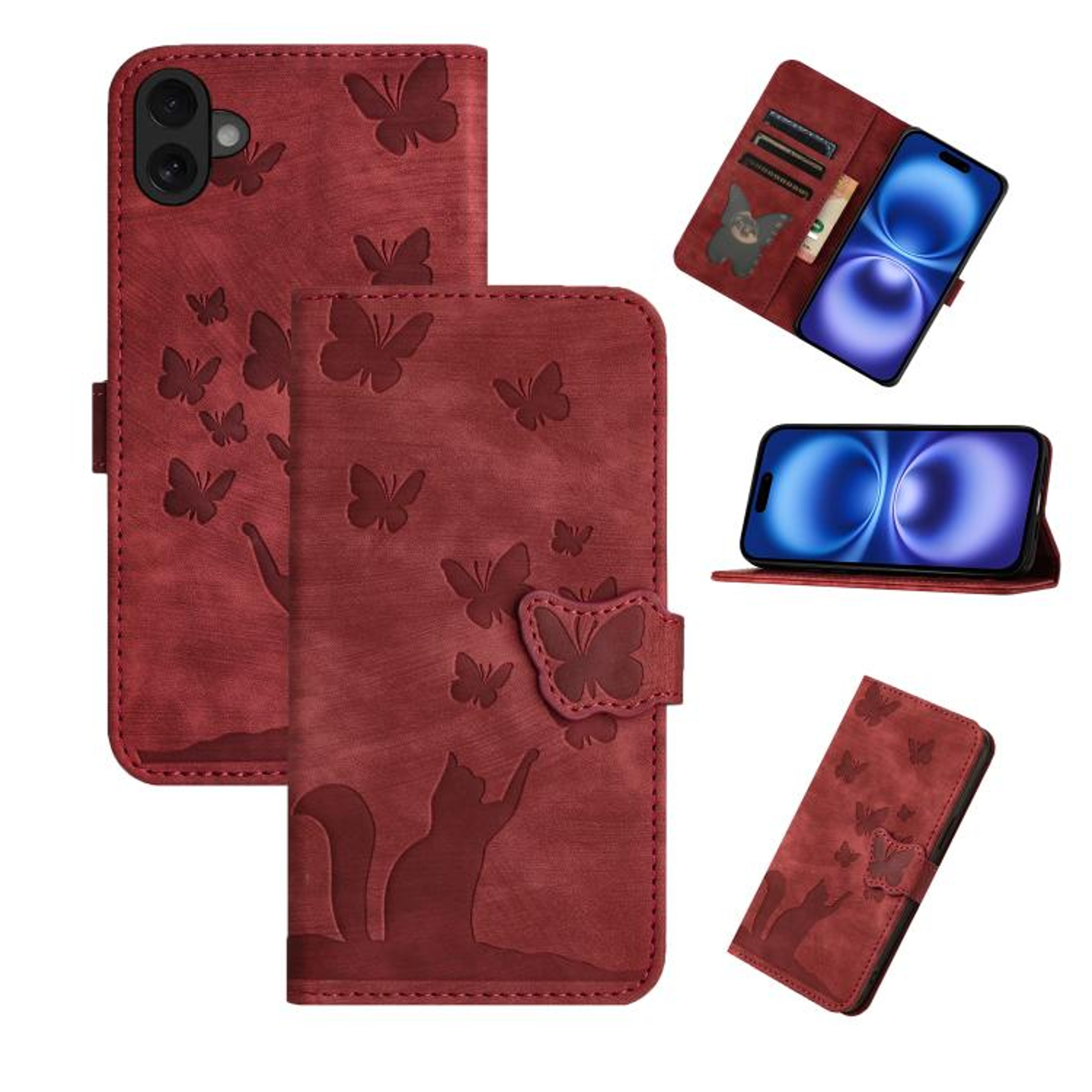 Butterfly Cat Embossed IPhone 17 Wallet Case With Leather Flip Cover Card Holder  Kickstand 8