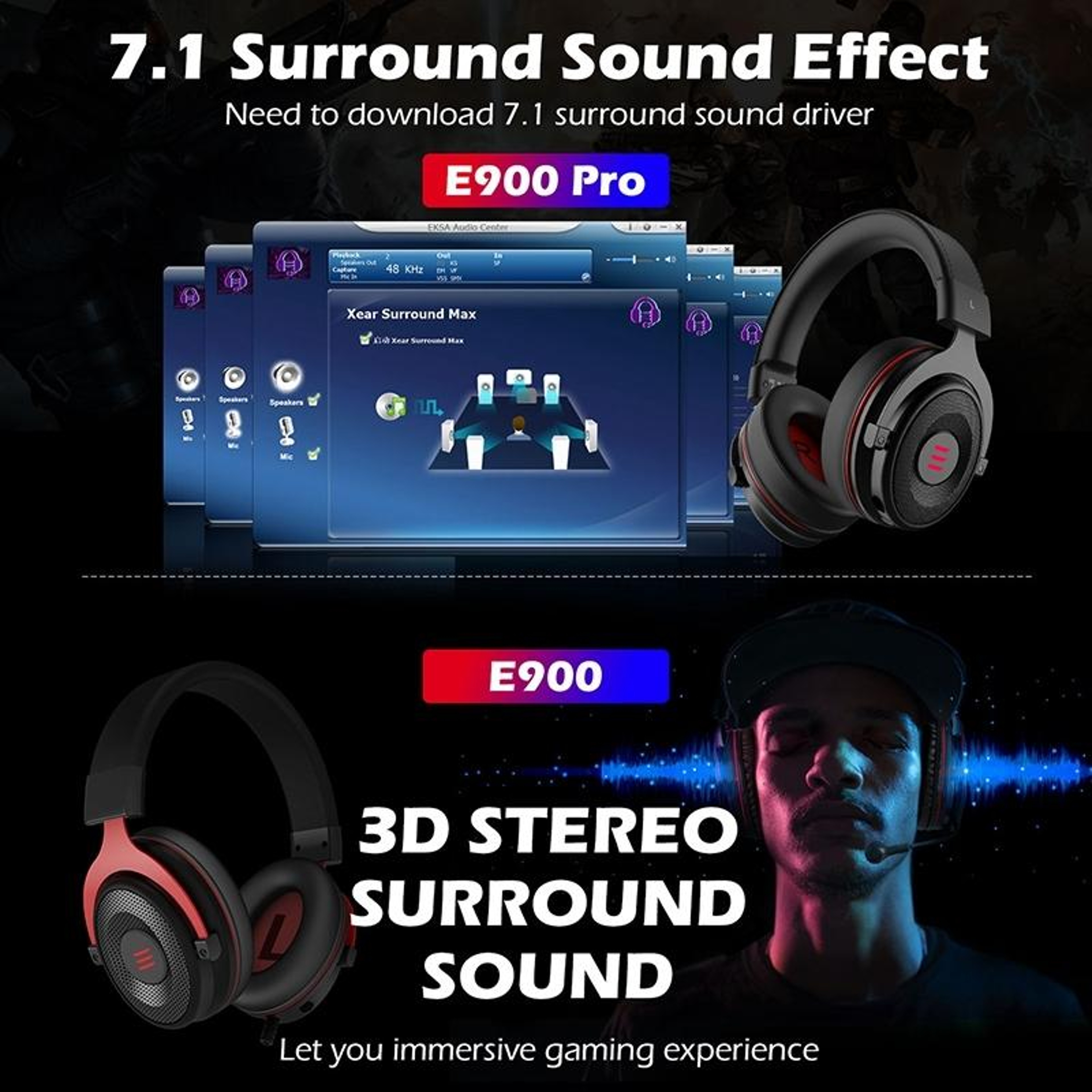 EKSA E900 Pro 7.1 Surround Sound Gaming Headset with 50mm Drivers and Detachable Mic – view 3