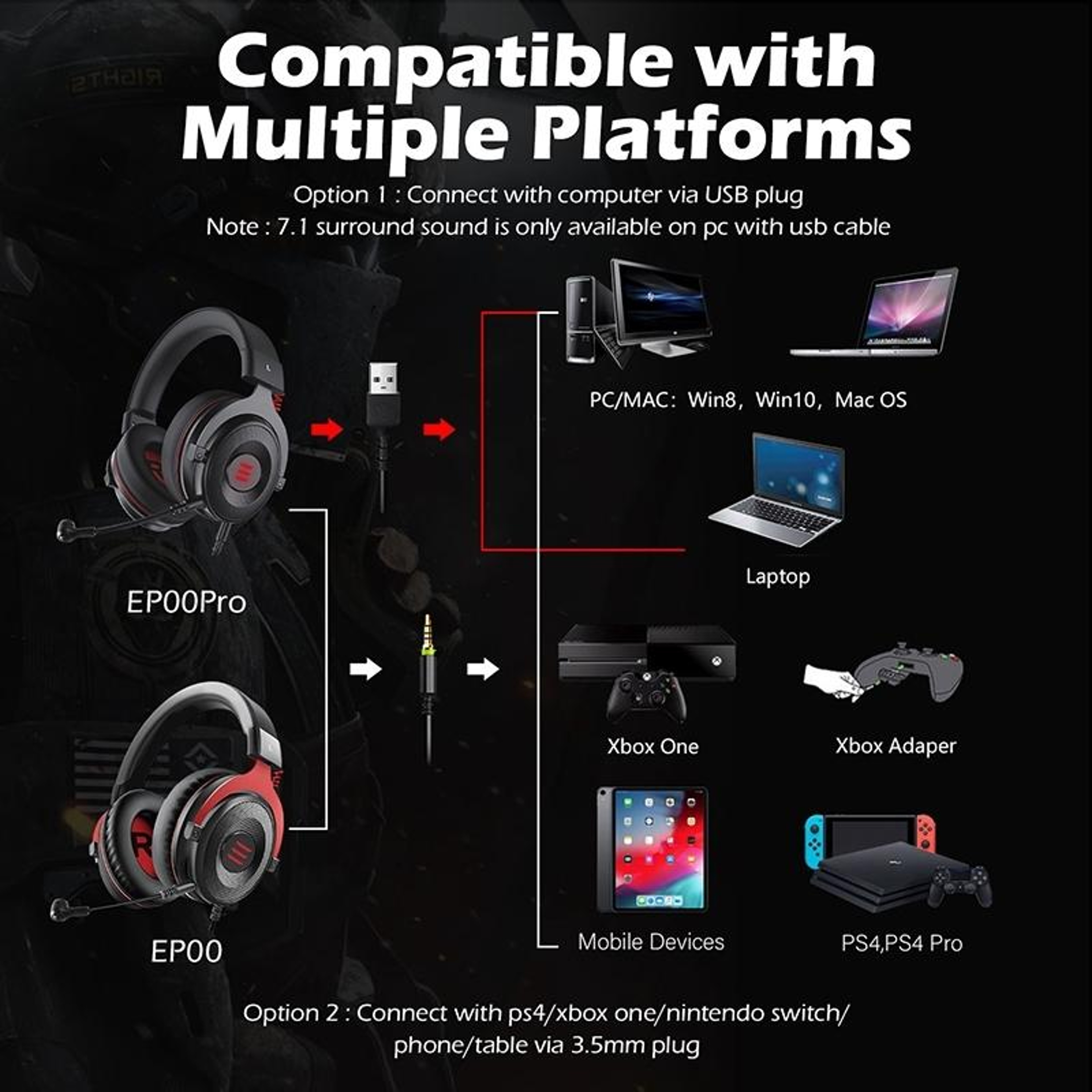 EKSA E900 Pro 7.1 Surround Sound Gaming Headset with 50mm Drivers and Detachable Mic – view 6