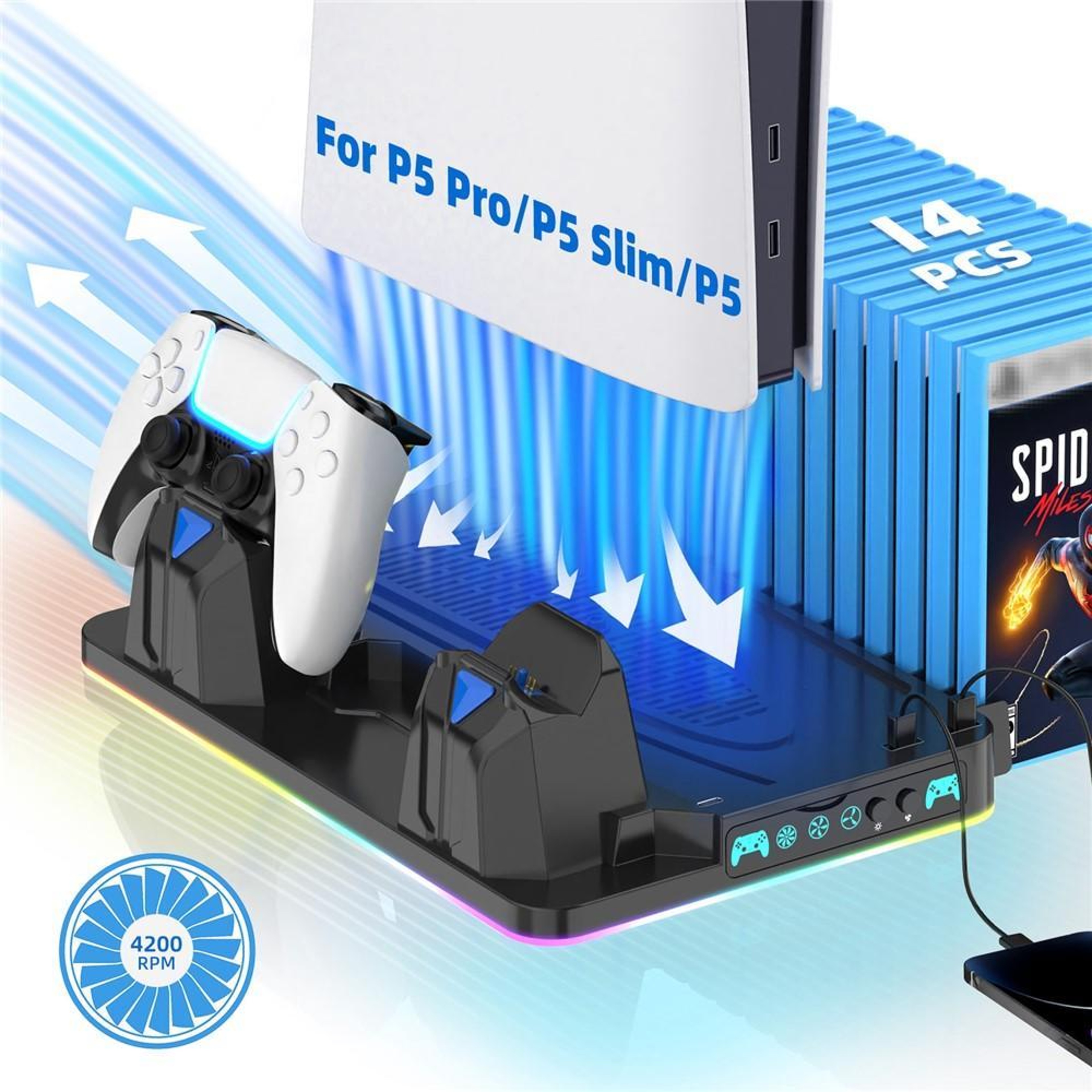PS5 Cooling Stand with Dual Controller Charging Station, RGB Lighting and Game Storage – view 2