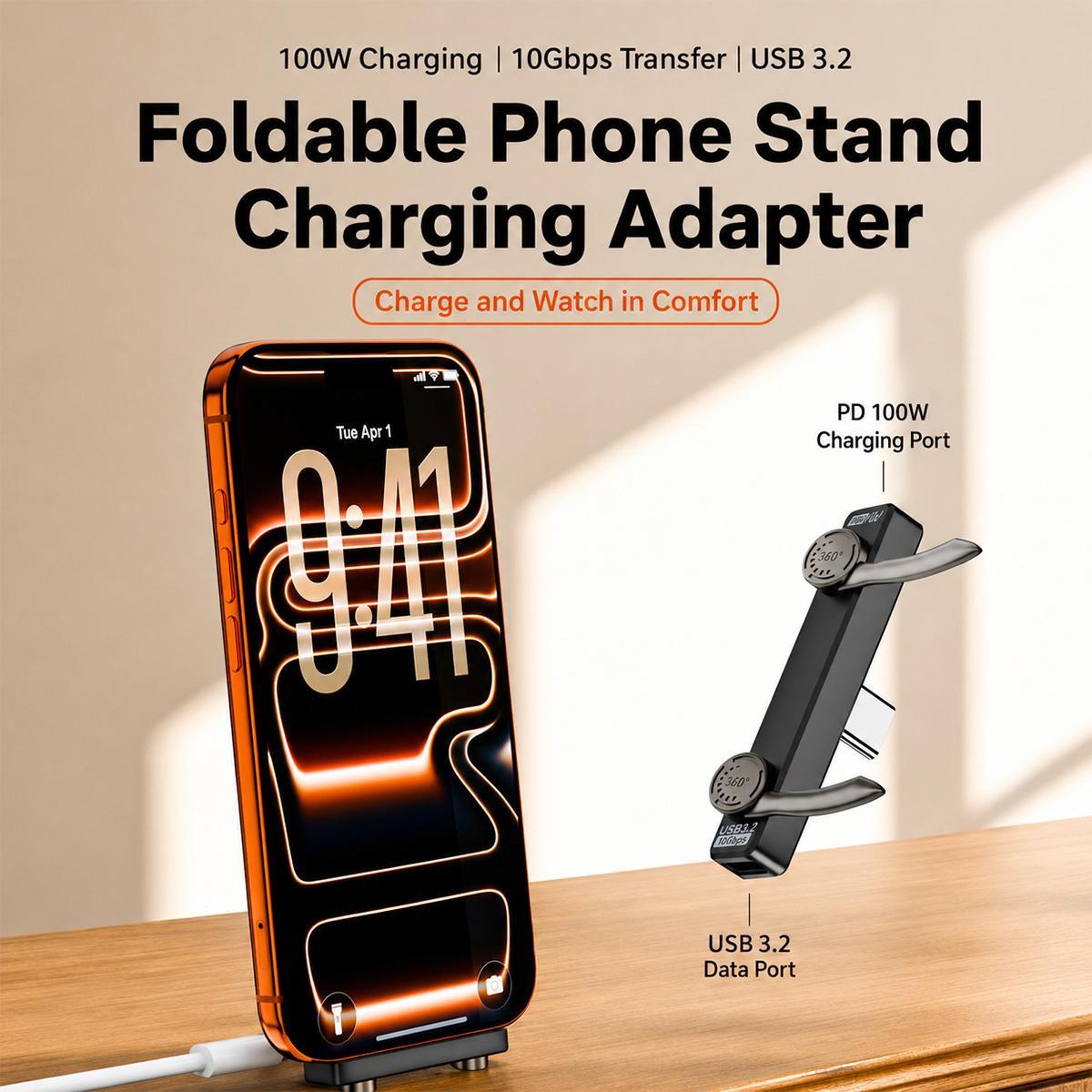 2-in-1 USB C Splitter Adapter with 100W Fast Charging, 10Gbps Data Transfer and Foldable Phone Stand – view 3