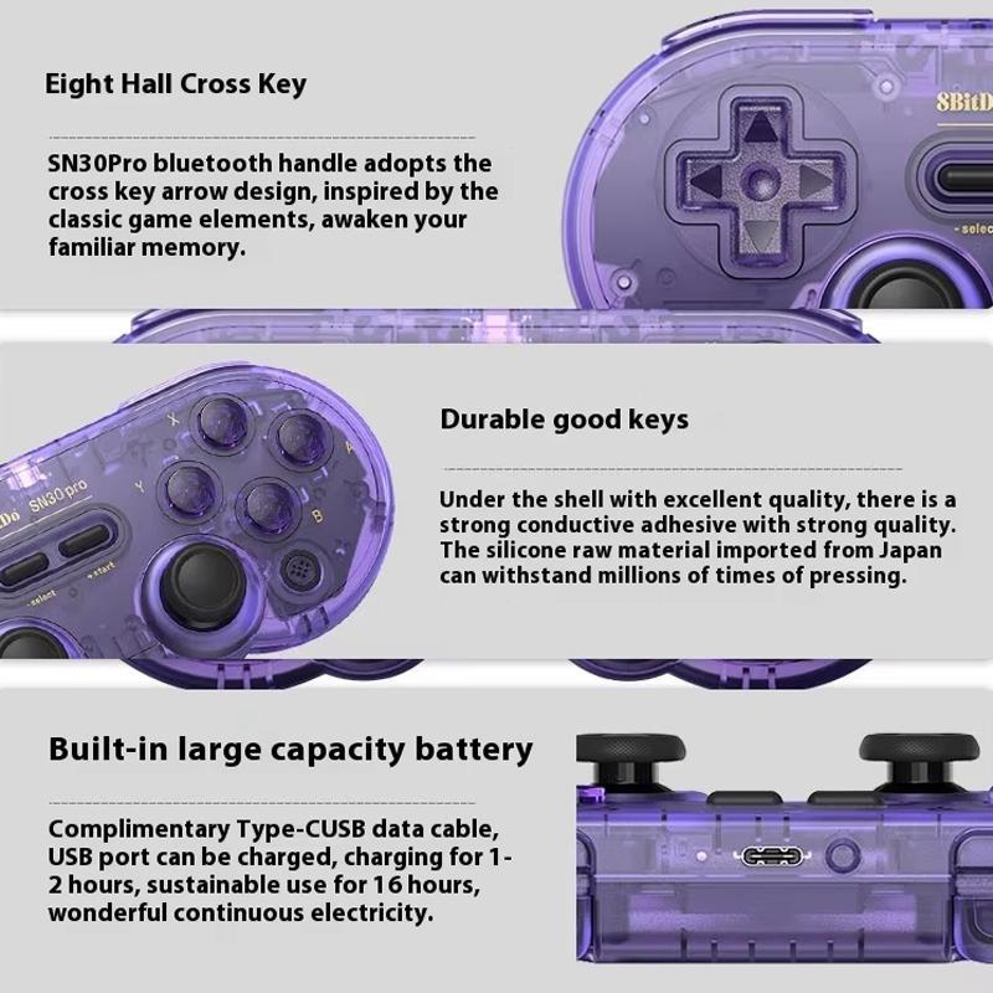 8BitDo SN30 Pro Bluetooth Gamepad with Hall Effect Joysticks Translucent Purple – view 4