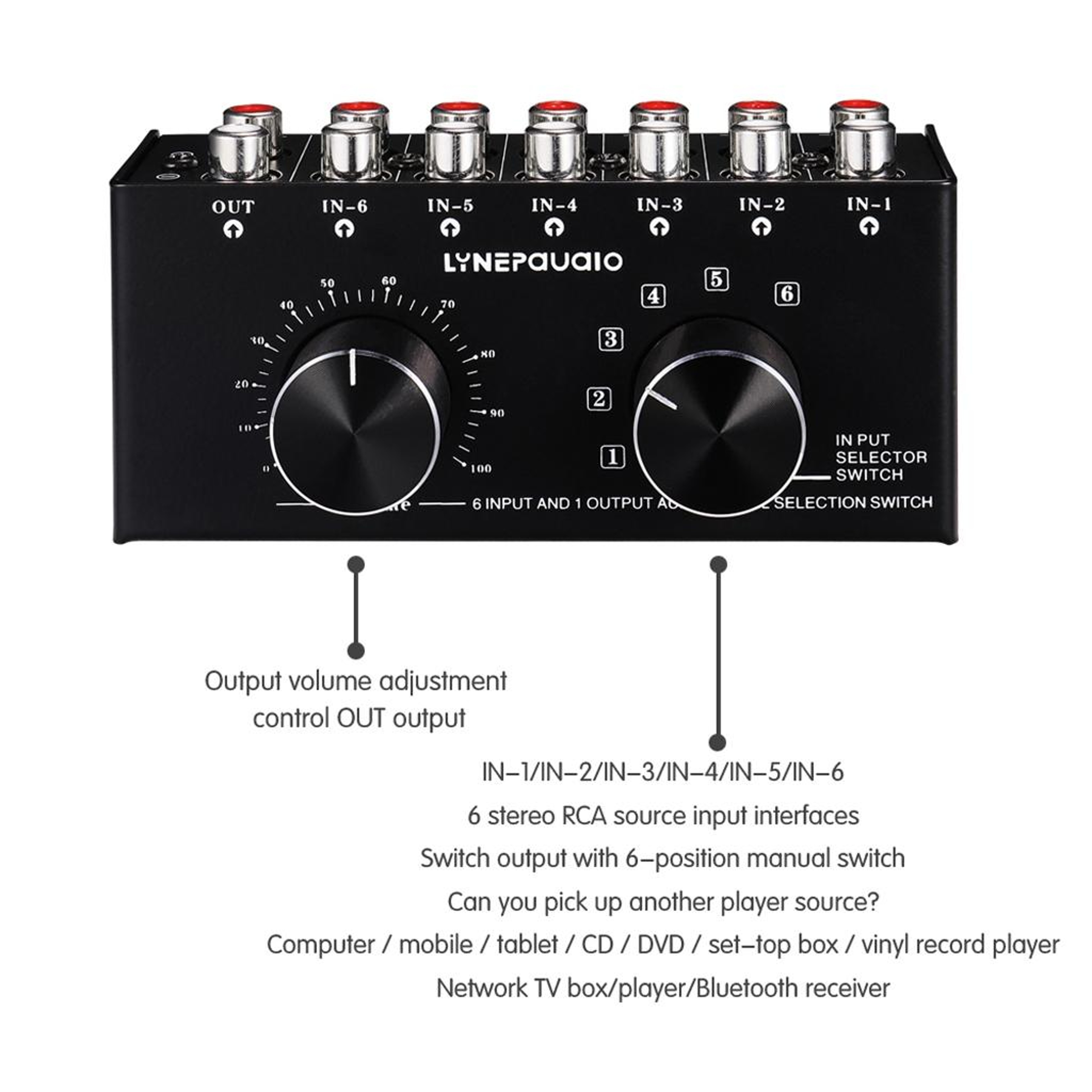 B016 6 Input 1 Output RCA Audio Switcher with Volume Control and Passive Stereo Source Selector – view 14