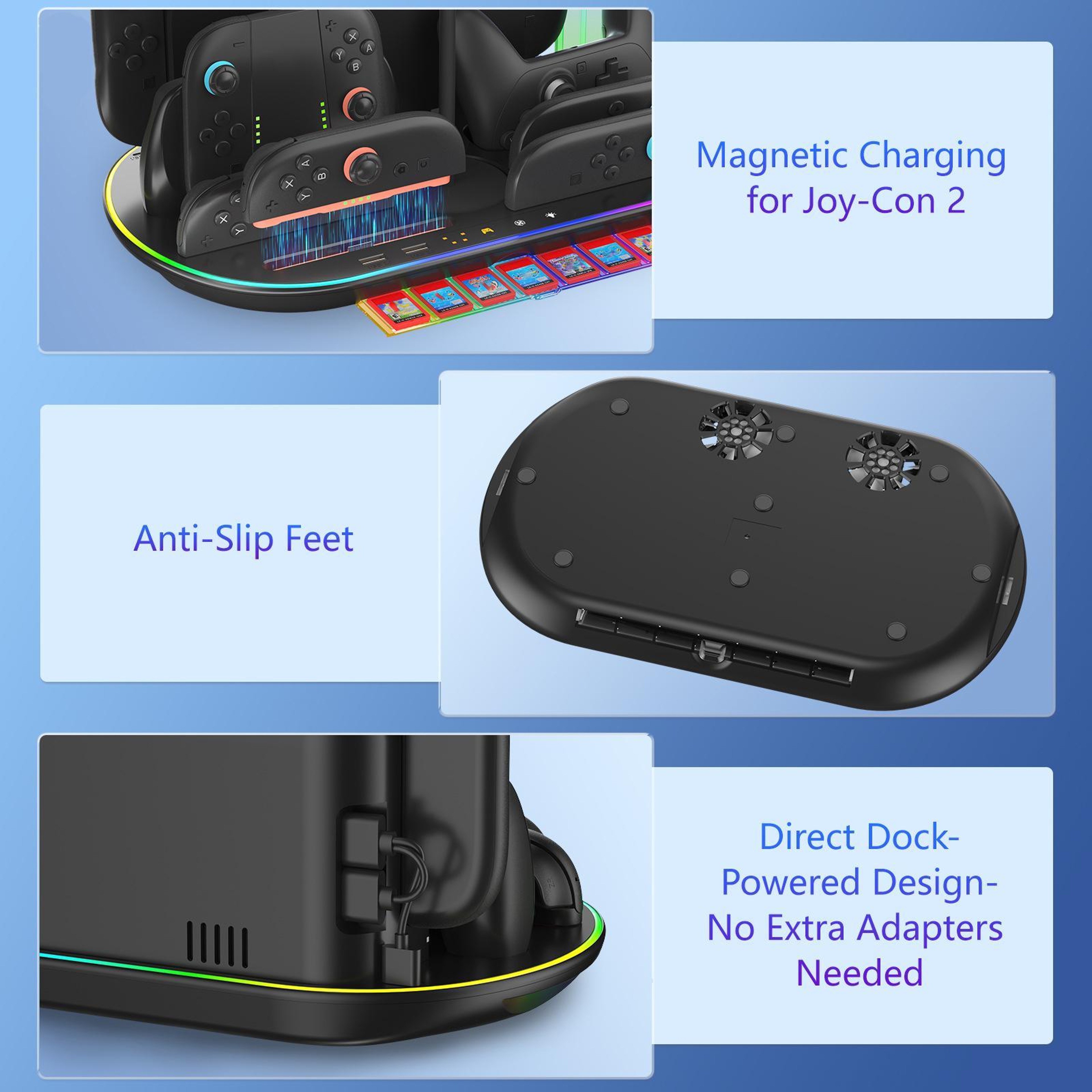JYS NS2322 Nintendo Switch 2 Charging Station with Cooling Fans, RGB Light and Controller Storage – view 3