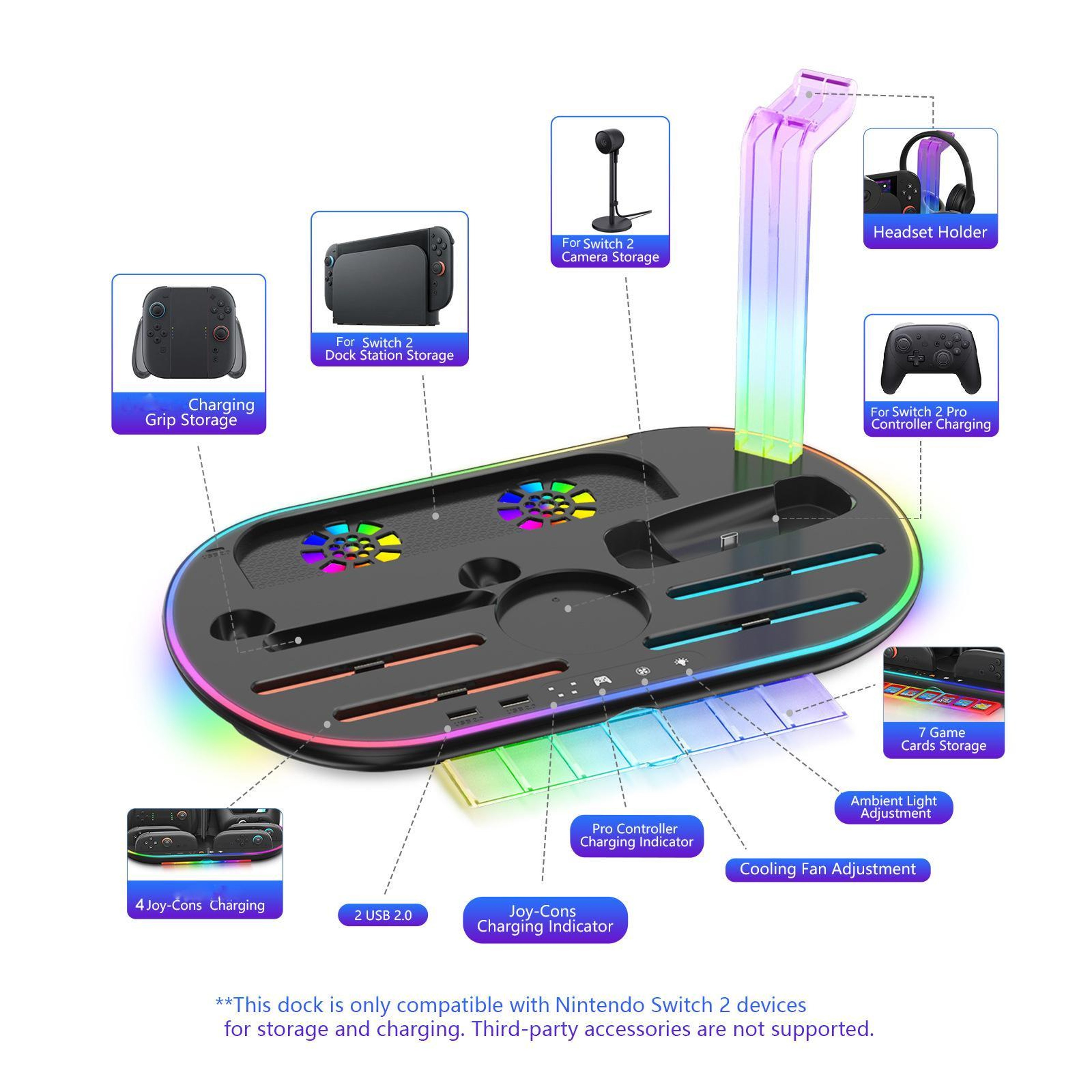 JYS NS2322 Nintendo Switch 2 Charging Station with Cooling Fans, RGB Light and Controller Storage – view 8