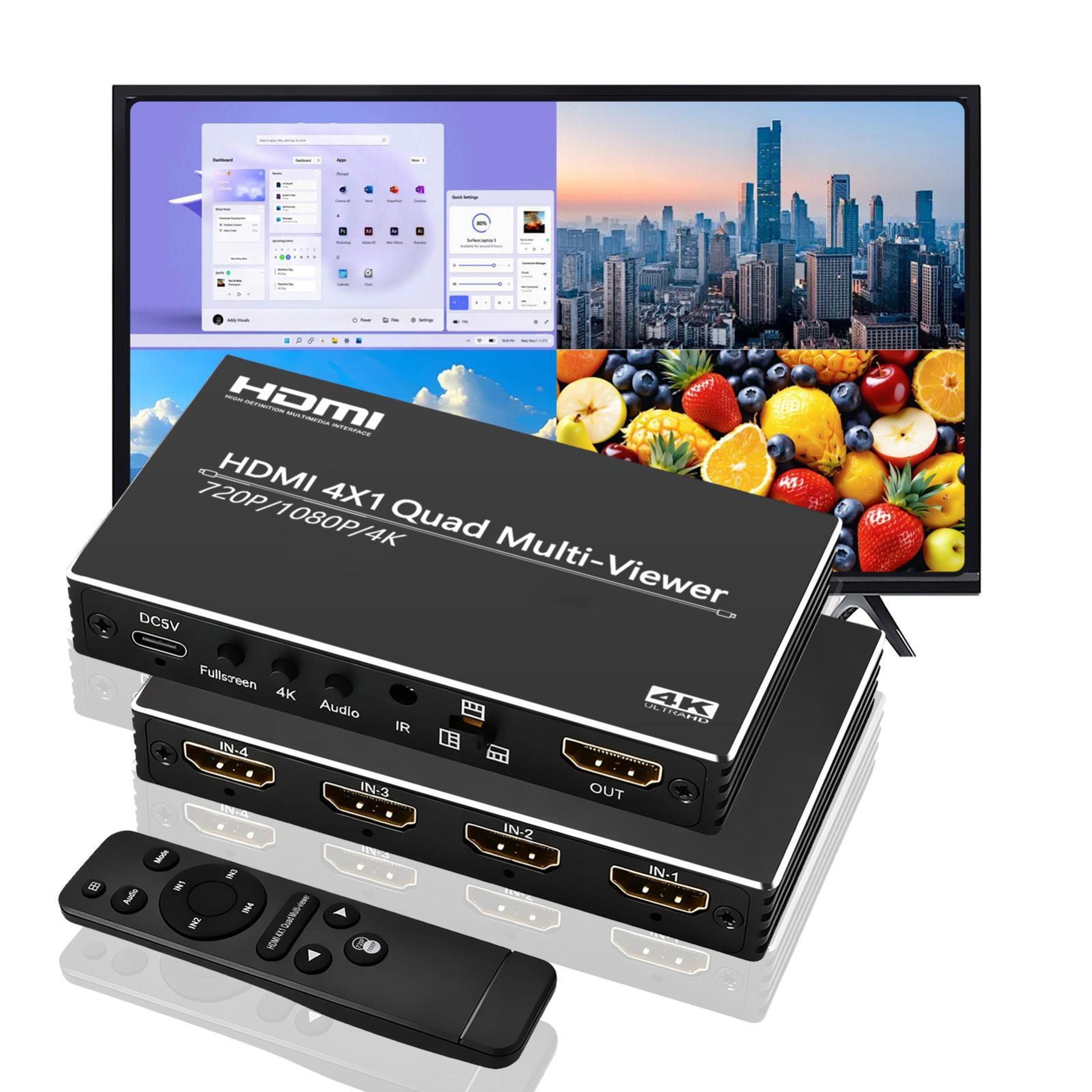 NK-BT41 4K HDMI Multi-Viewer 4x1 HDMI Switcher with Quad Screen Display and Remote Control – view 1