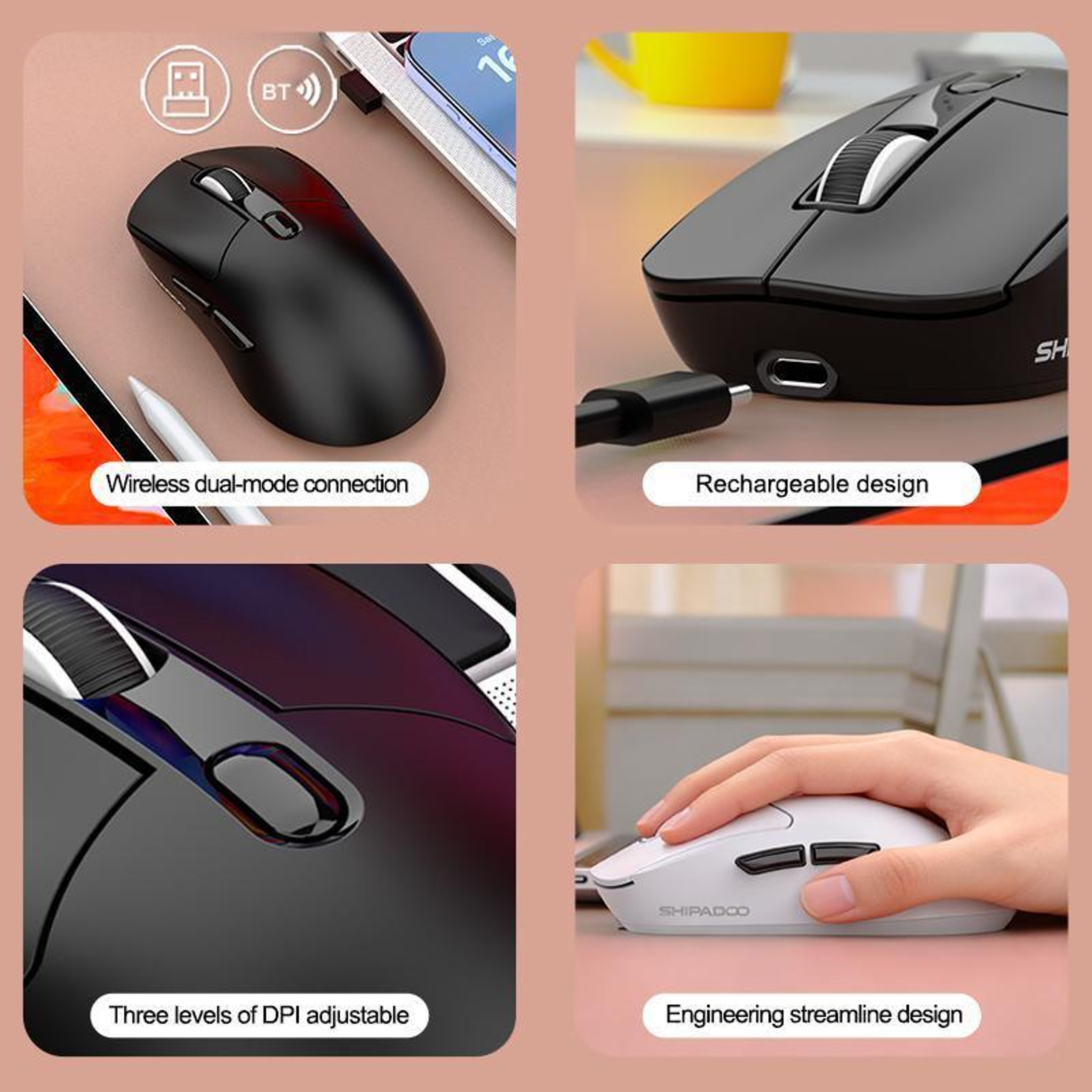 SHIPADOO A7 Dual Mode Wireless Mouse Rechargeable Bluetooth Mouse with 1600 DPI – view 7